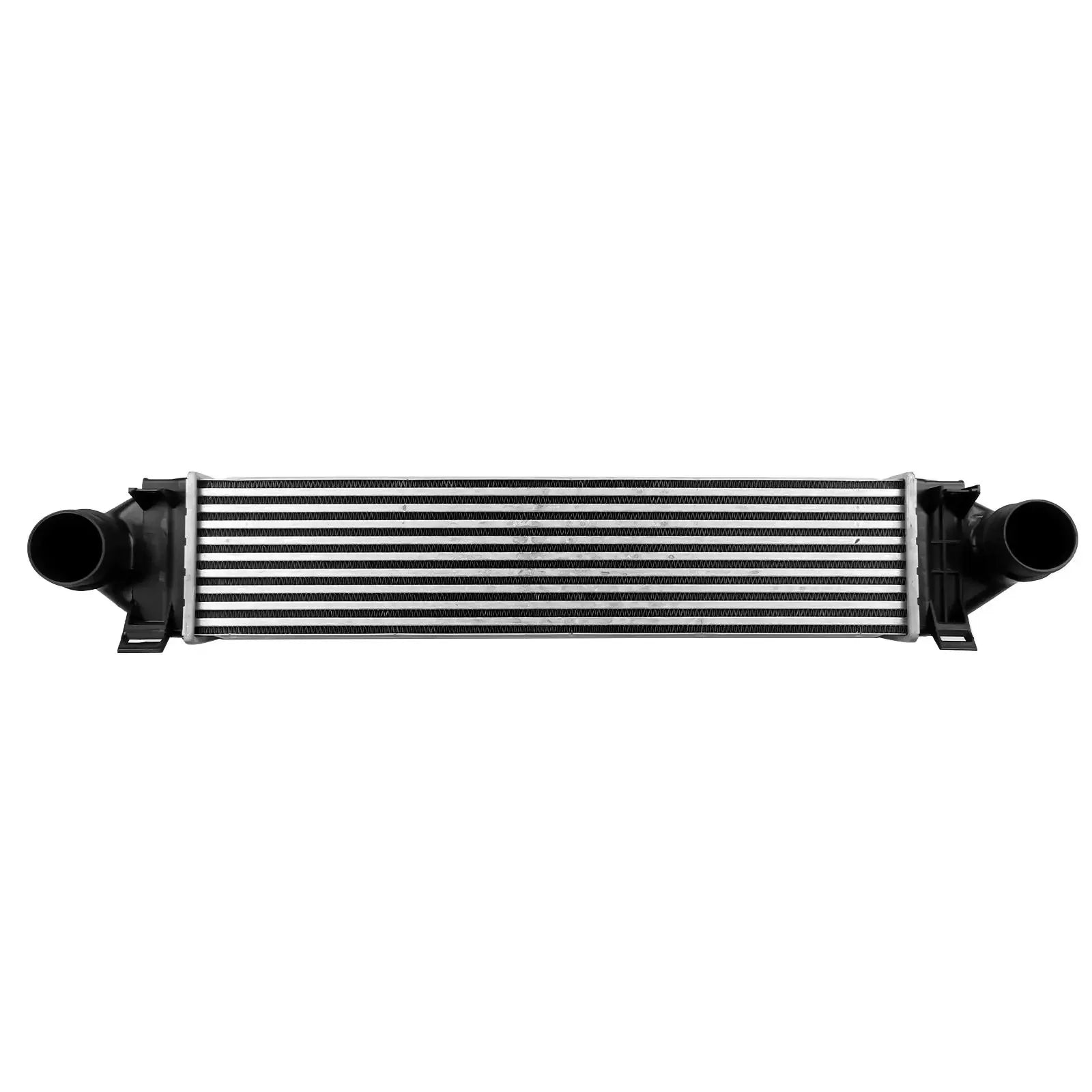 Czarno-srebrny intercooler land rover freelander 2 2.2 td4 z metalowym żeberkowanym rdzeniem i plastikowymi końcówkami