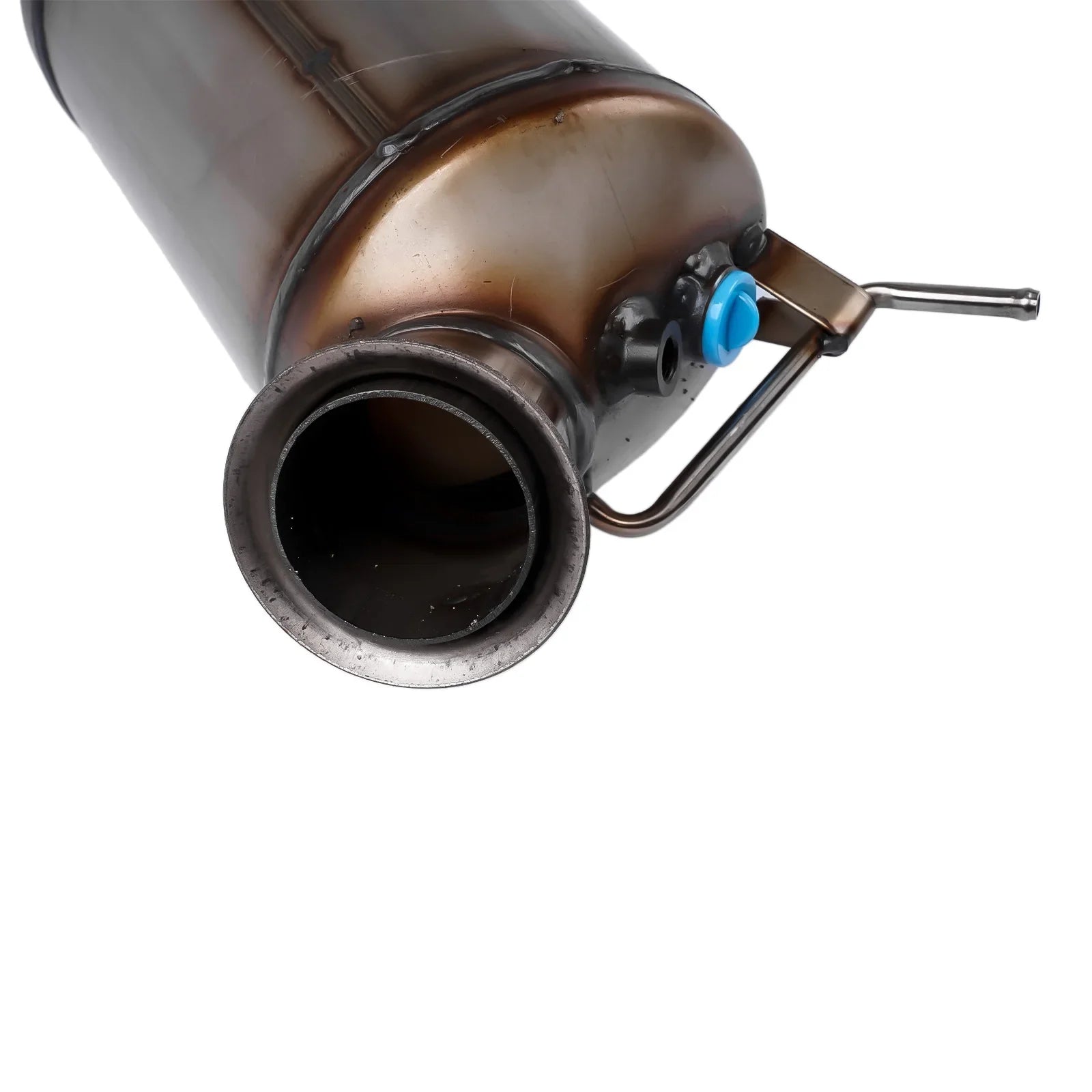 Brązowy metaliczny cylindryczny katalizator z niebieską zatyczką i uchwytem do bmw 120d e82 e87 e88