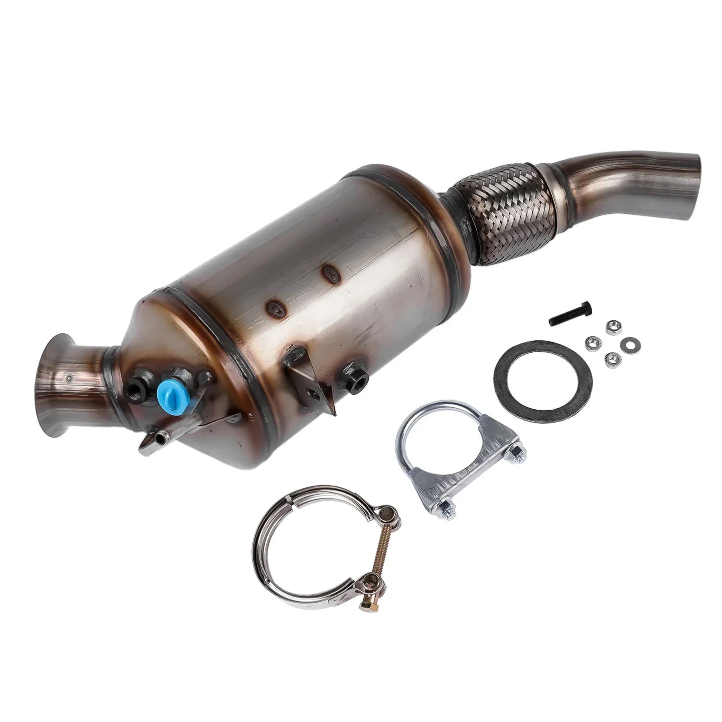 Srebrny metaliczny katalizator do bmw 120d z niebieską nasadką i metalowym przewodem dla e81 e82 e87 e88