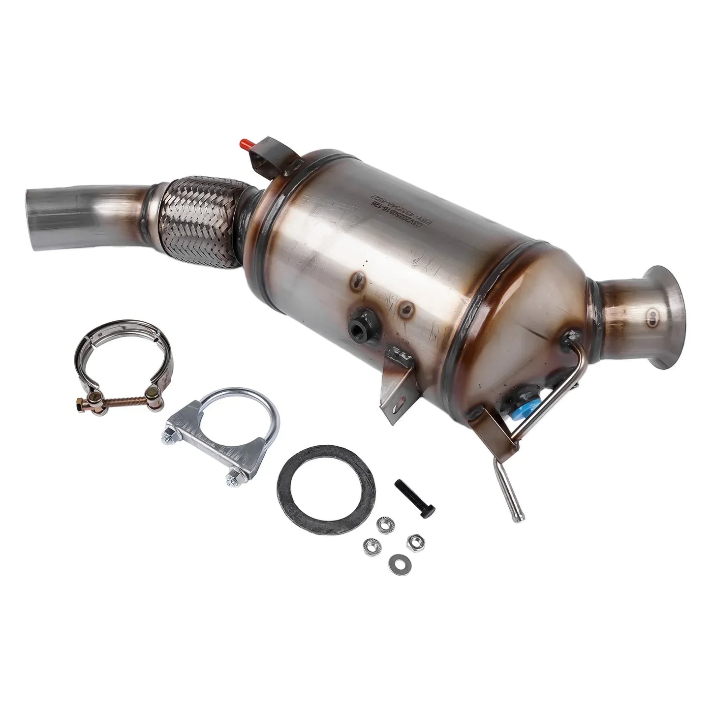 Srebrny metaliczny katalizator z plecioną stalową rurą wydechową i mocowaniem do bmw 120d e81 e82 e87 e88