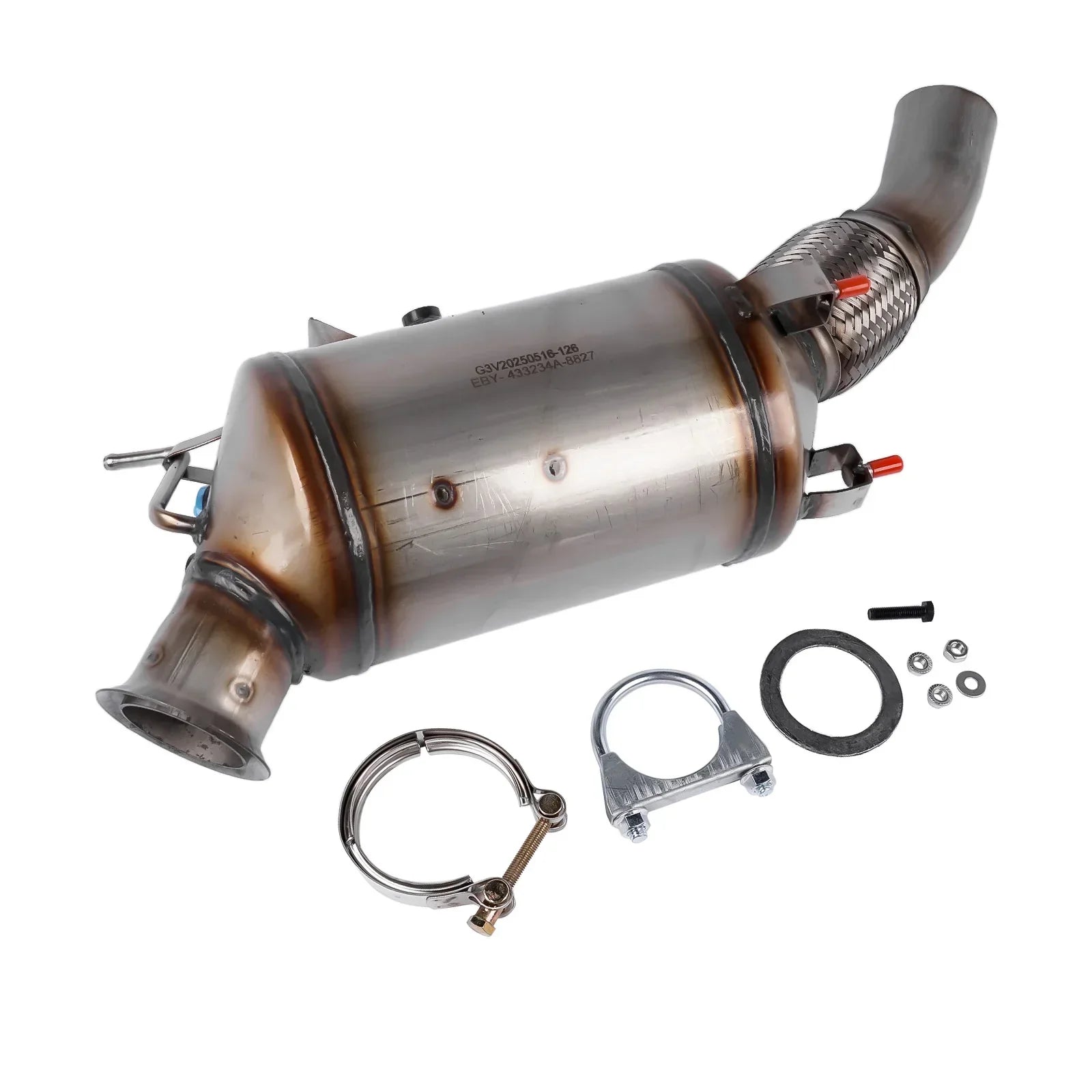 Srebrny metaliczny katalizator ap03 do bmw 120d e81 e82 e87 z cylindrycznym korpusem i spawanymi końcówkami