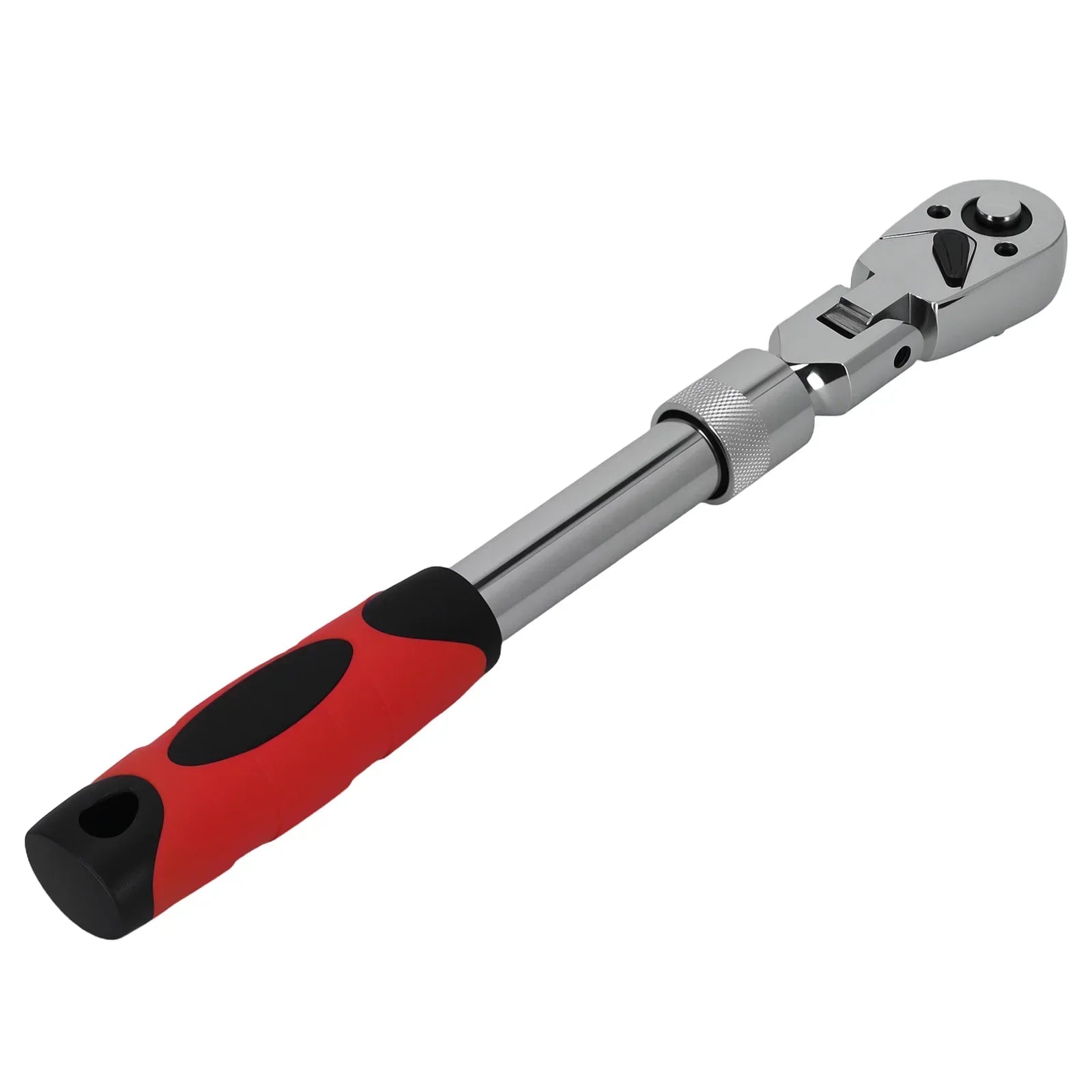 Klucz grzechotkowy 3/8 calowy z wydłużoną rączką, metalowy chromowany z czerwono-czarną ergonomiczną rączką do trudno dostępnych miejsc