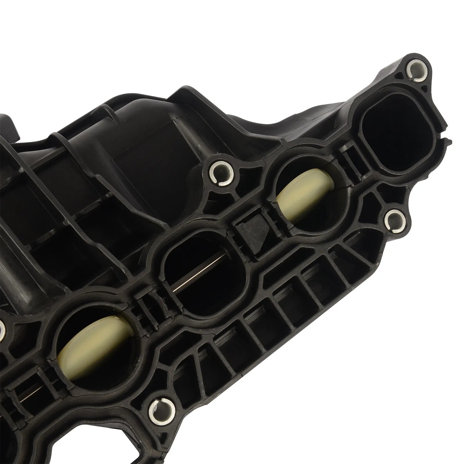Czarny plastikowy kolektor dolotowy silnika z rowkami i okrągłymi otworami montażowymi do jeep cherokee wrangler jk