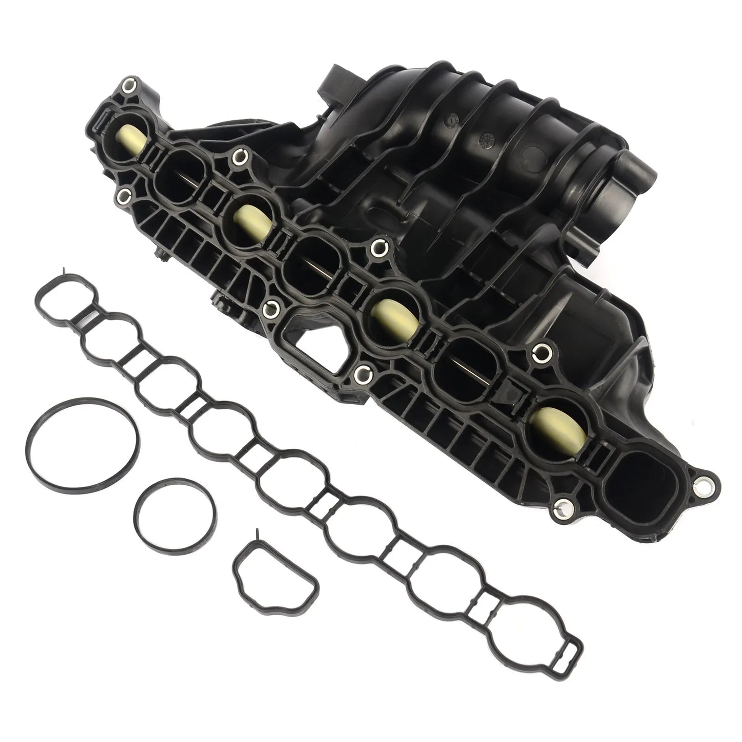 Czarny plastikowy kolektor dolotowy silnika 2.8 crd z pięcioma żółtawymi uszczelkami do jeep cherokee wrangler jk