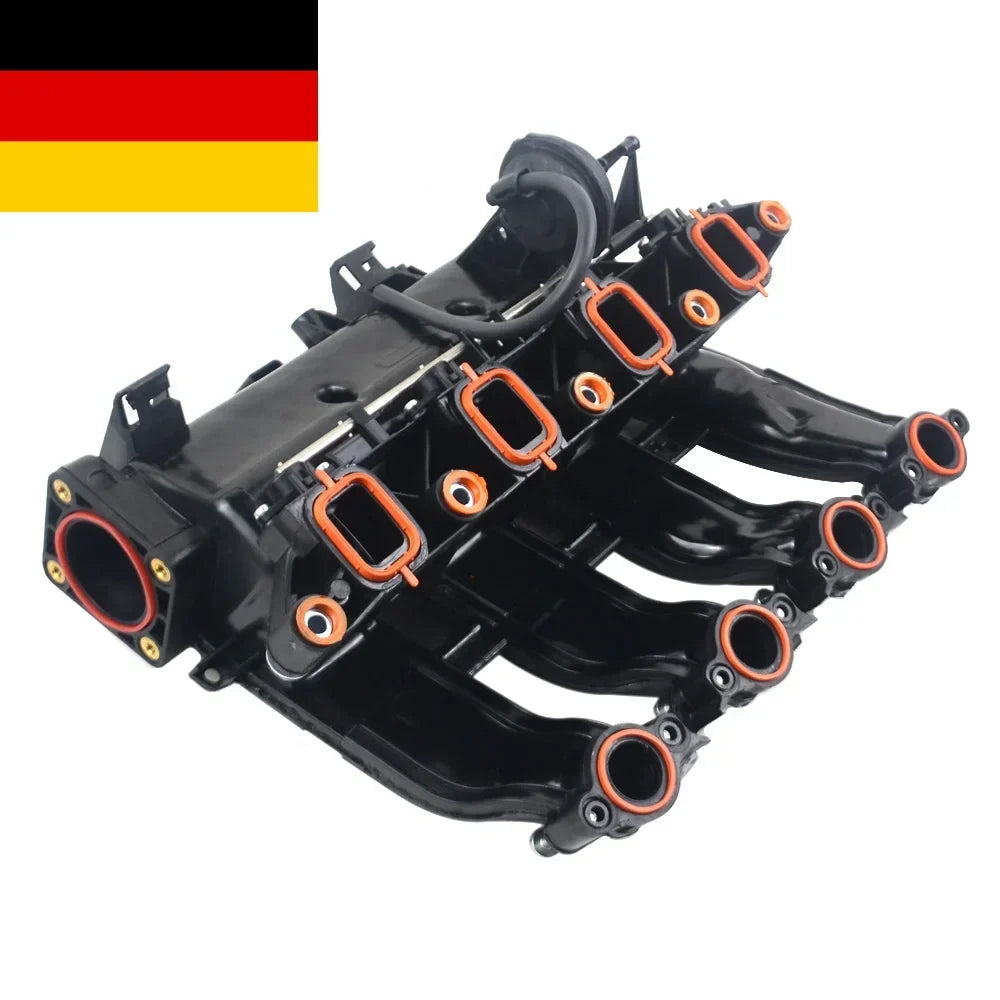 Czarny plastikowy kolektor dolotowy ap03 z pomarańczowymi gumowymi uszczelkami i metalowymi złączami do bmw