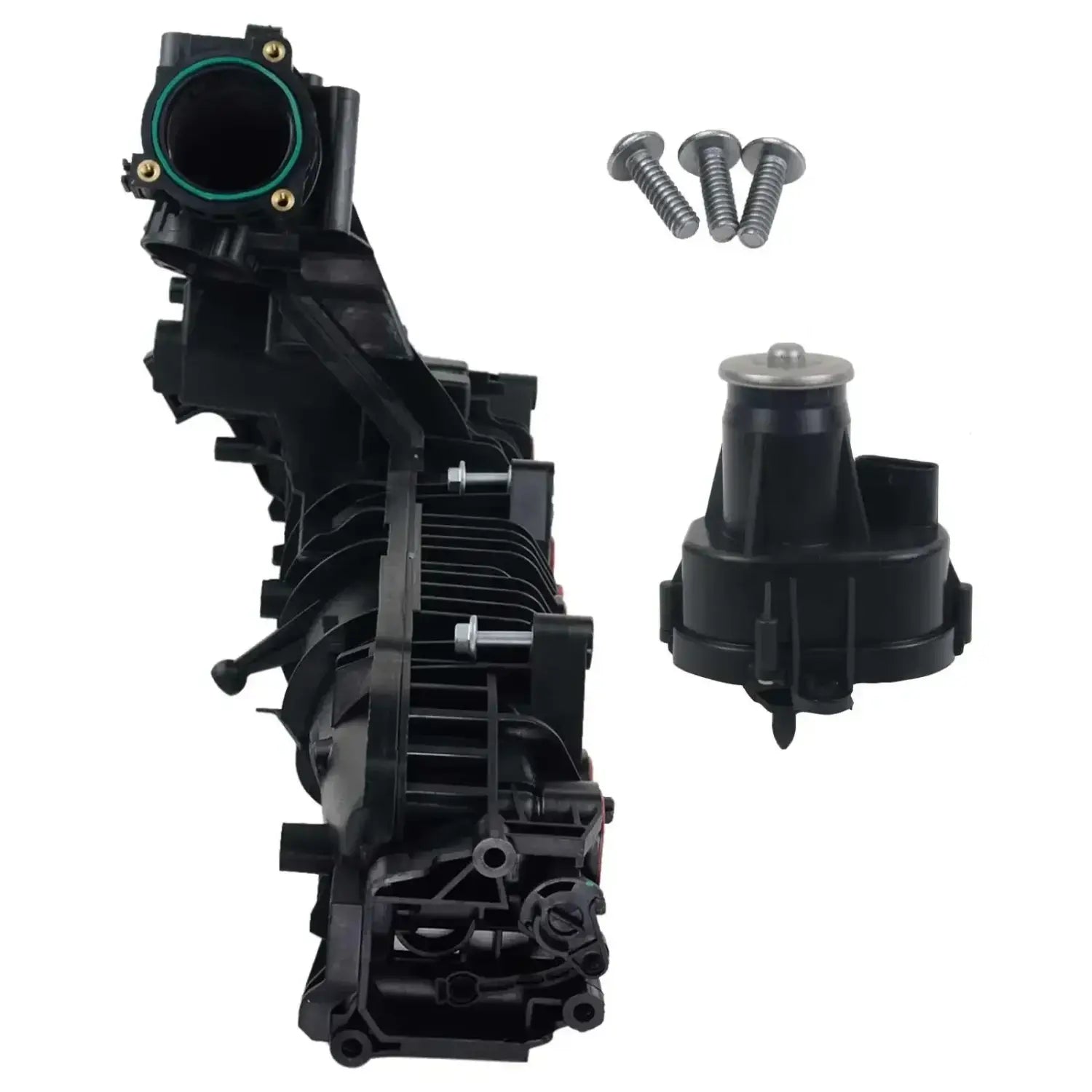 Czarny plastikowy ap03 kolektor dolot z zieloną gumową uszczelką i srebrnymi śrubami do bmw n57
