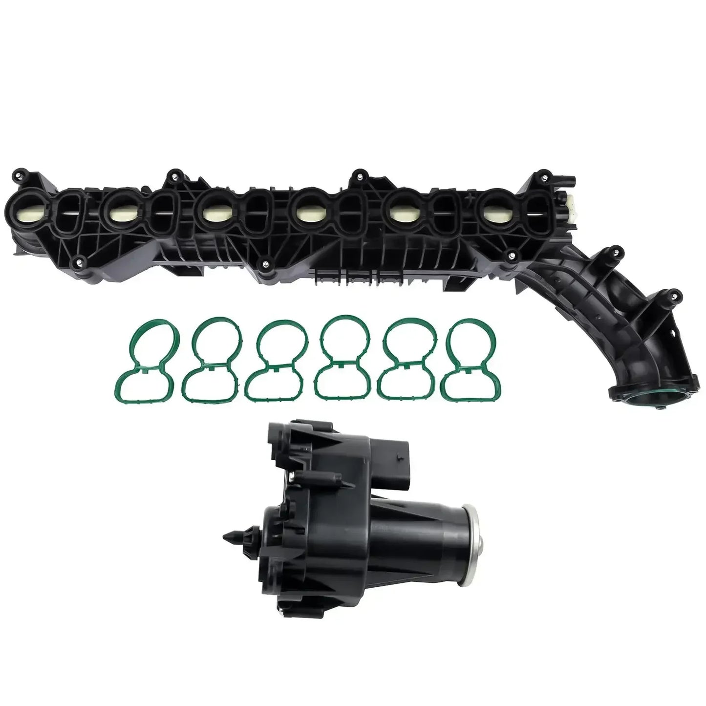 Czarny plastikowy kolektor ssący ap03 z sześcioma zielonymi gumowymi uszczelkami i czarnym zespołem wtryskiwacza do bmw 530d xdrive gran turismo
