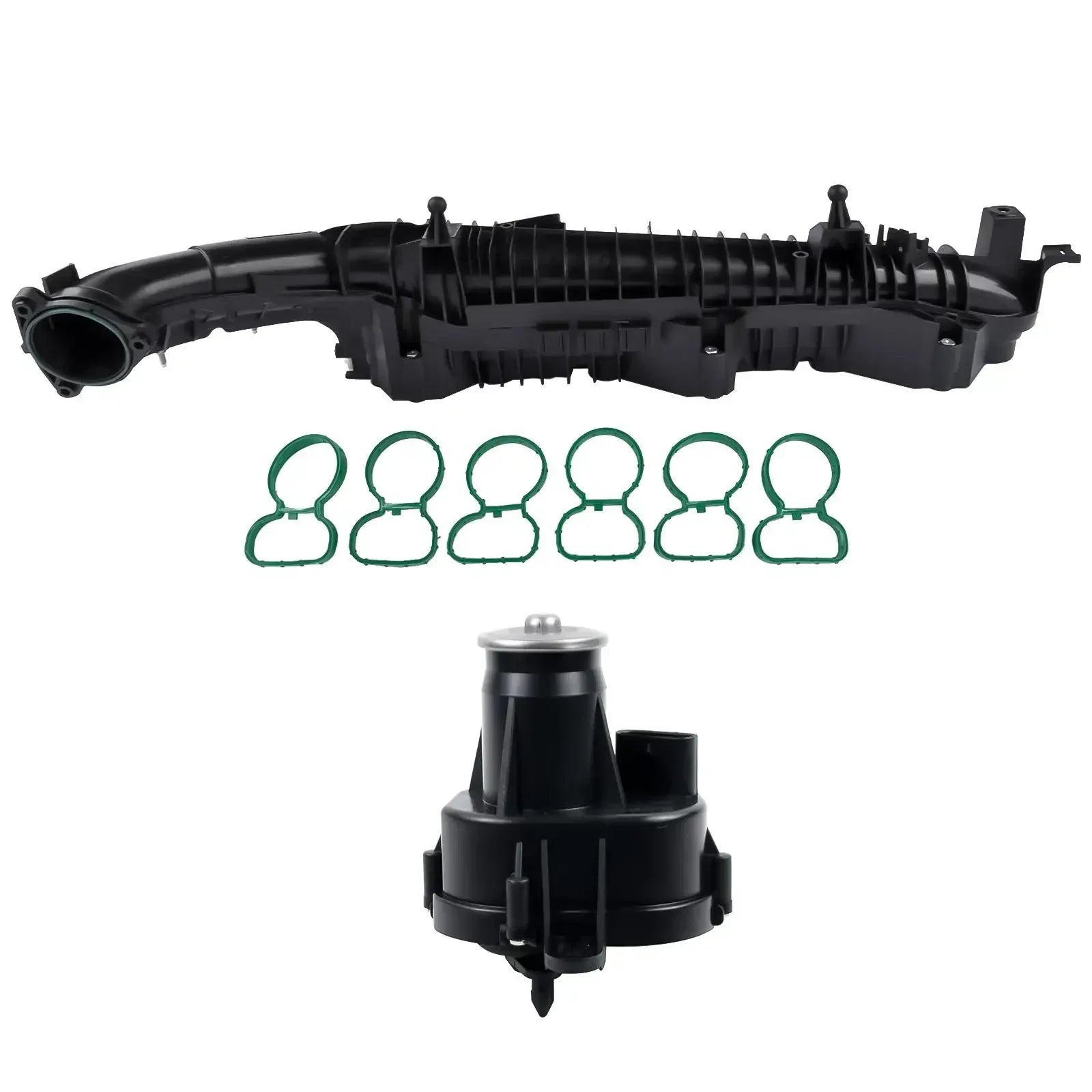 Czarny plastikowy kolektor ssący z pięcioma zielonymi uszczelkami gumowymi i czarnym modułem pompy paliwa do bmw 530d xdrive gran turismo