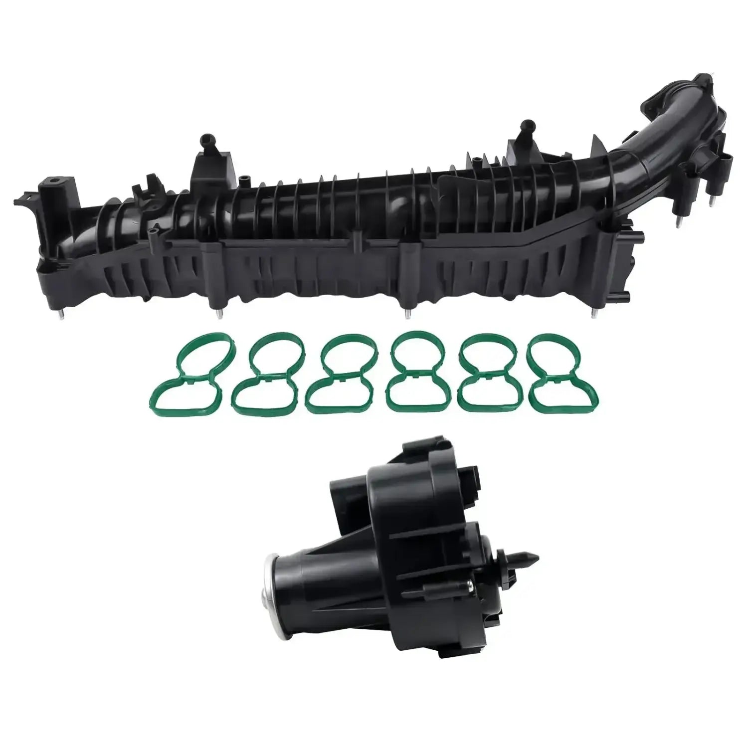 Czarny plastikowy kolektor ssący z sześcioma zielonymi uszczelkami do BMW 530d xdrive gran turismo