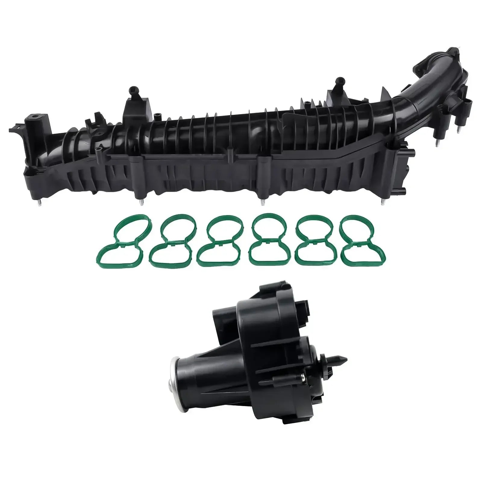Czarny plastikowy kolektor ssący z sześcioma zielonymi uszczelkami do BMW 530d xdrive gran turismo