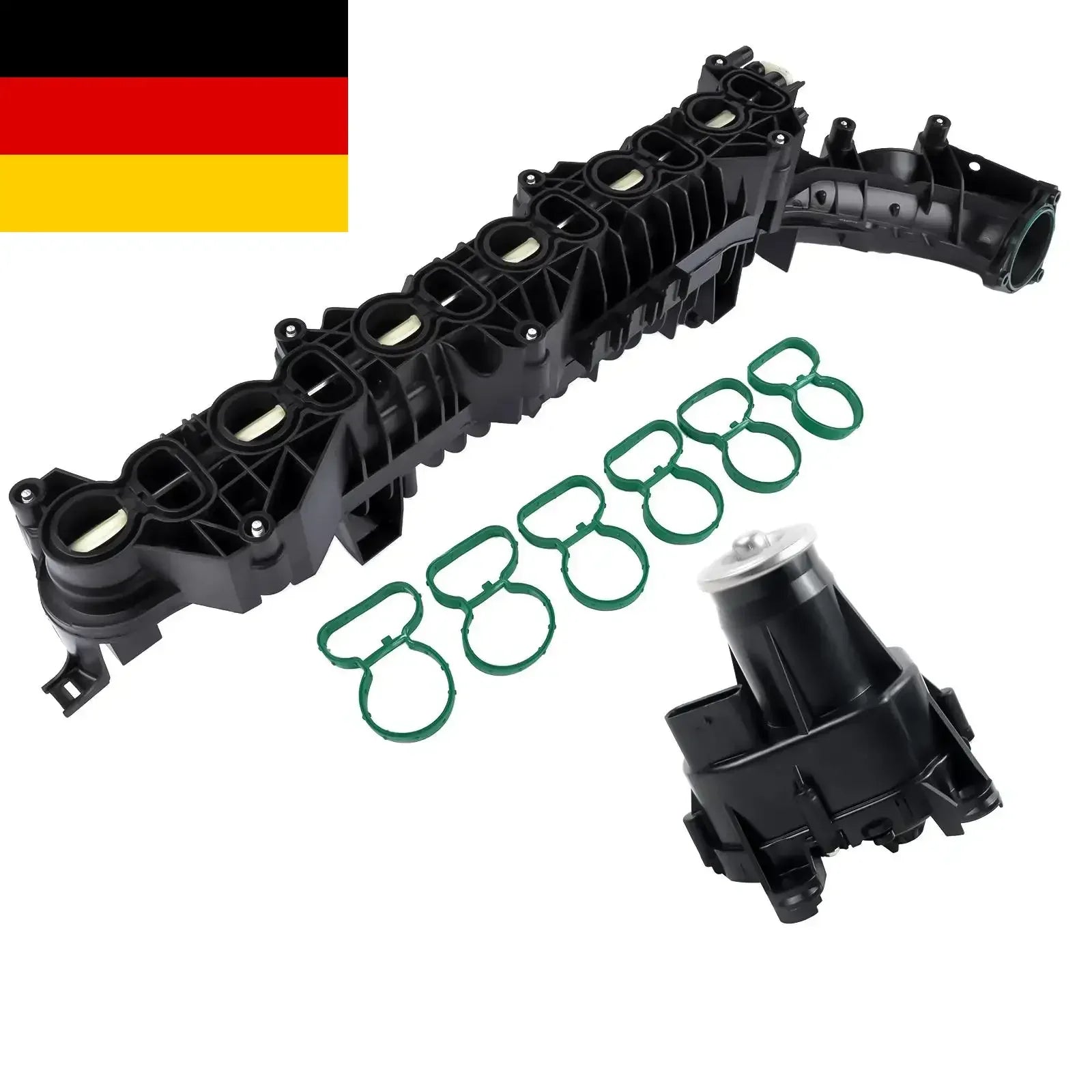Czarny plastikowy kolektor ssący zintegrowany z przepustnicą i zielonymi uszczelkami do bmw 530d xdrive gran turismo