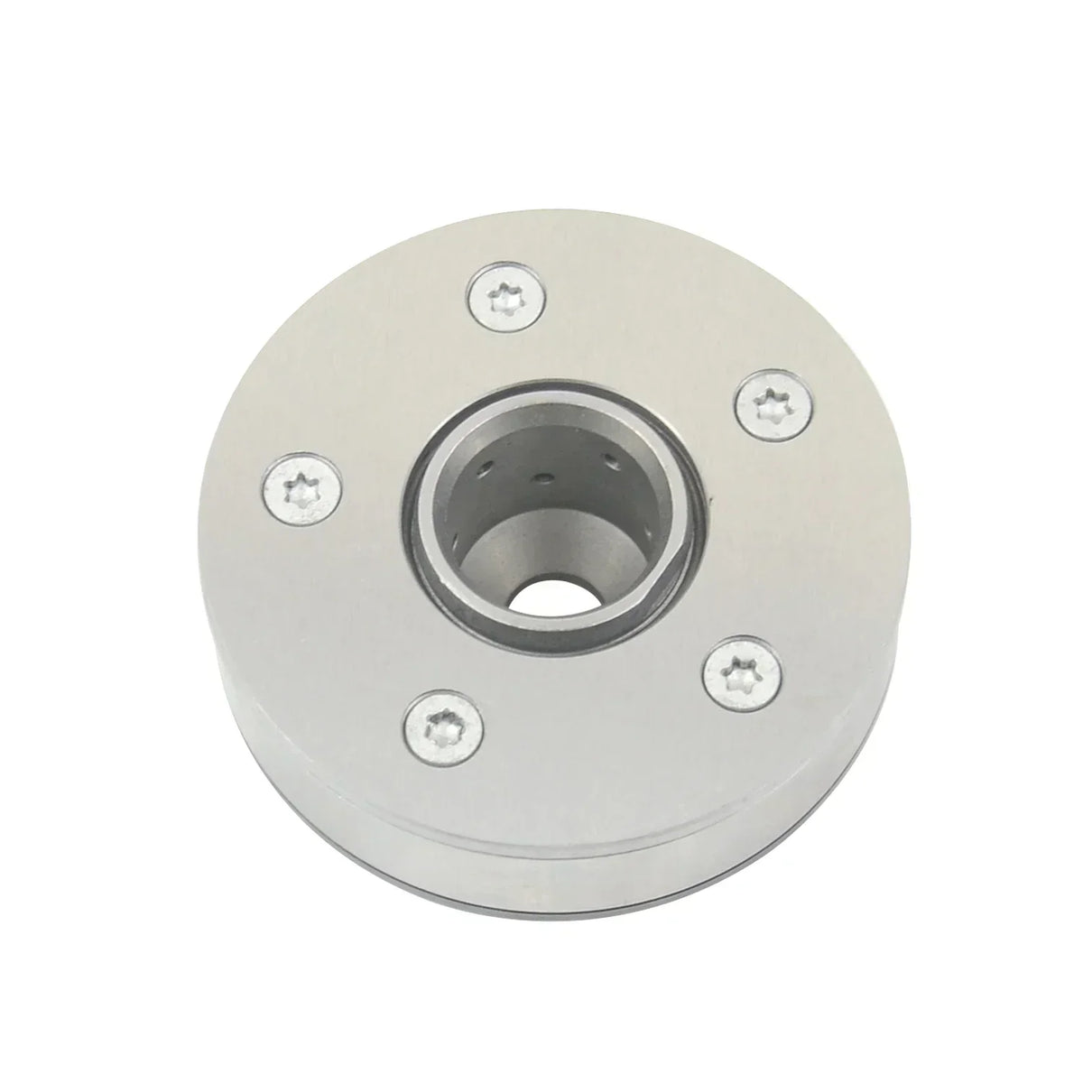 Circular stainless steel flange with star-shaped screws securing central bore for golf gti przekładnia rozrządu