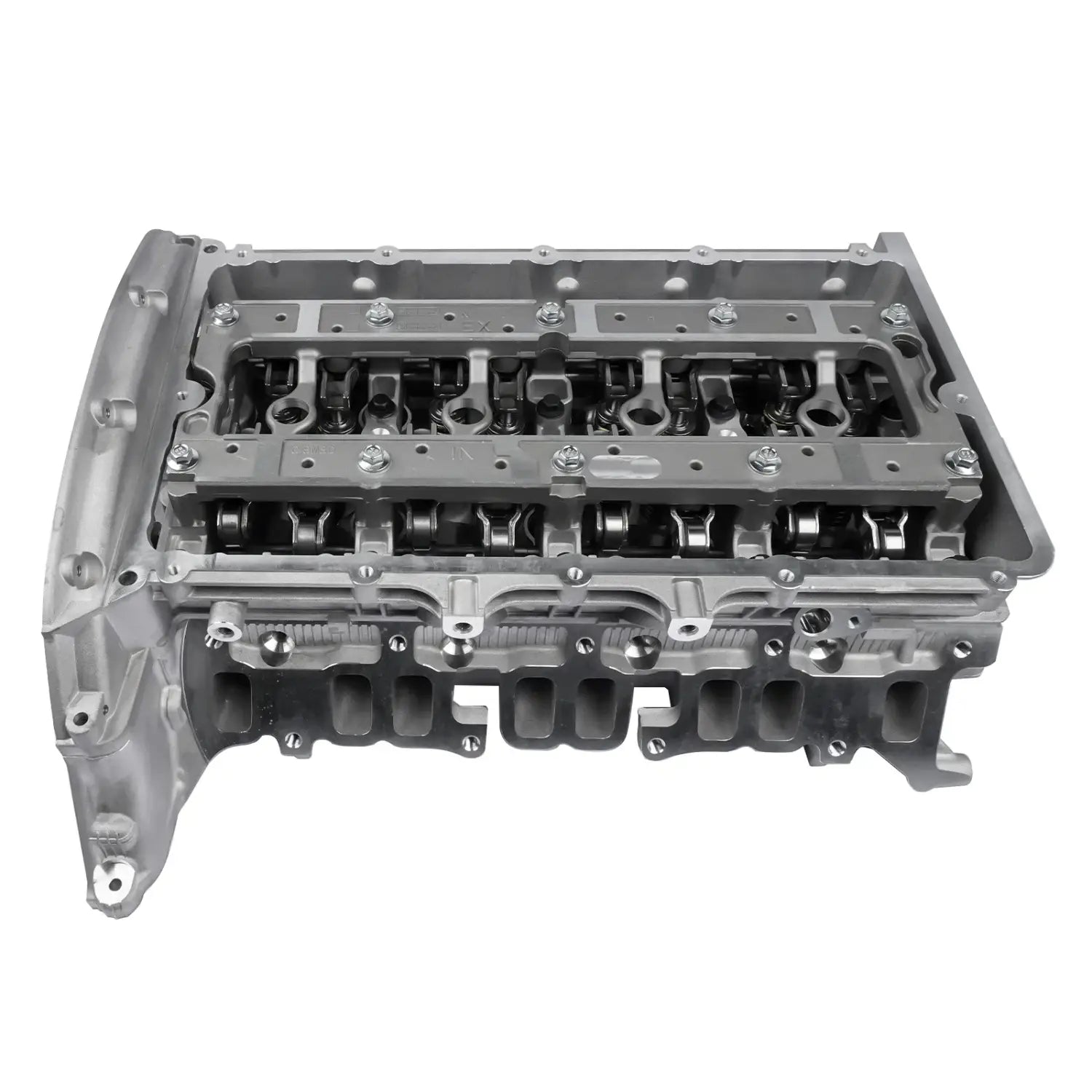 Szara metalowa głowica cylindra rmfb3q6c032aa z widocznym mechanizmem zaworów i punktami mocowania do forda transit ranger full cylinder head oe number
