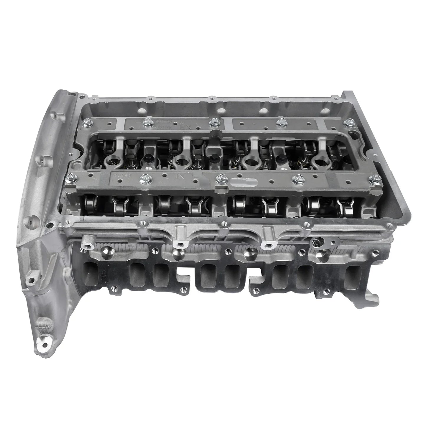 Szara metalowa głowica cylindra rmfb3q6c032aa z widocznym mechanizmem zaworów i punktami mocowania do forda transit ranger full cylinder head oe number