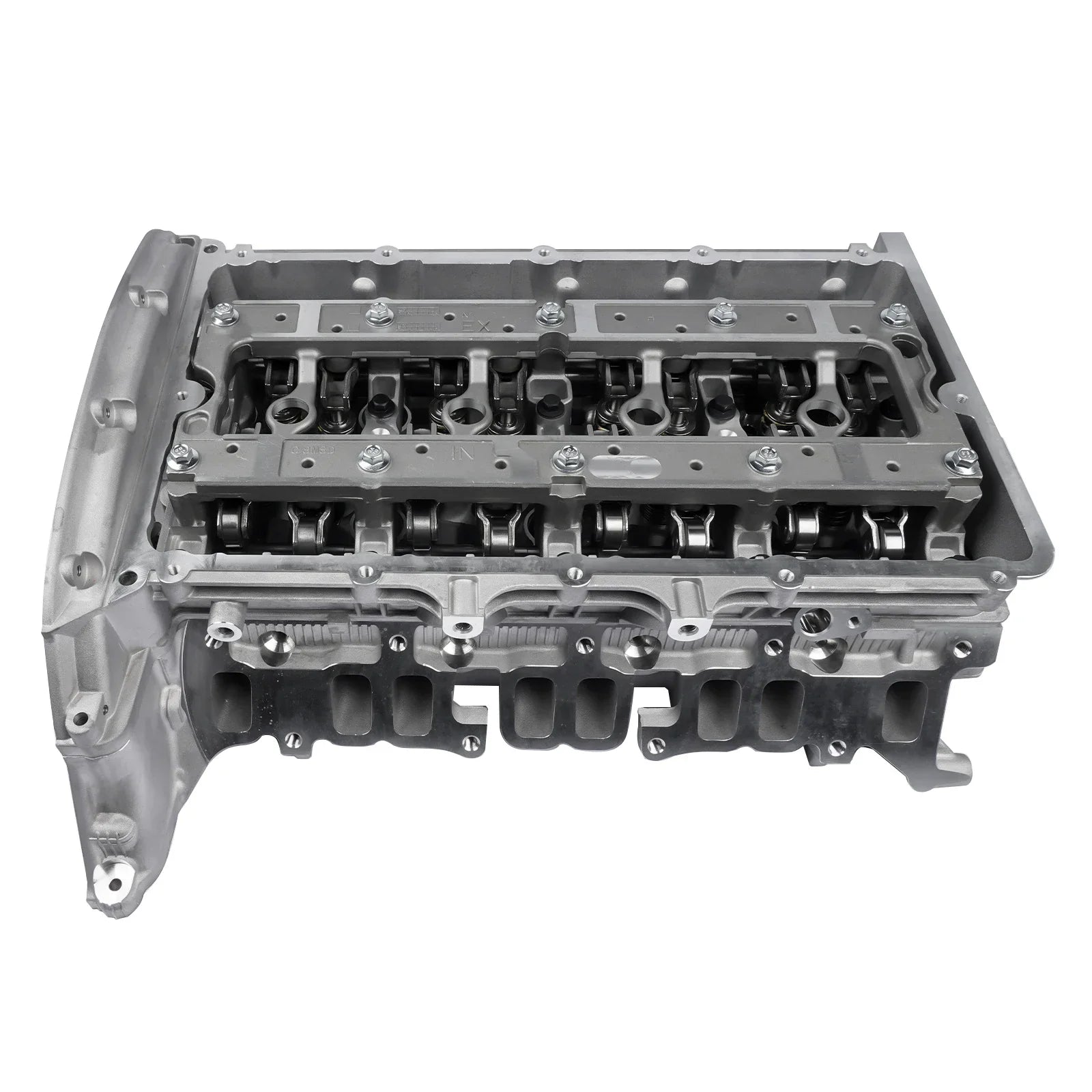 Szara metalowa głowica cylindra rmfb3q6c032aa z widocznym mechanizmem zaworów i punktami mocowania do forda transit ranger full cylinder head oe number