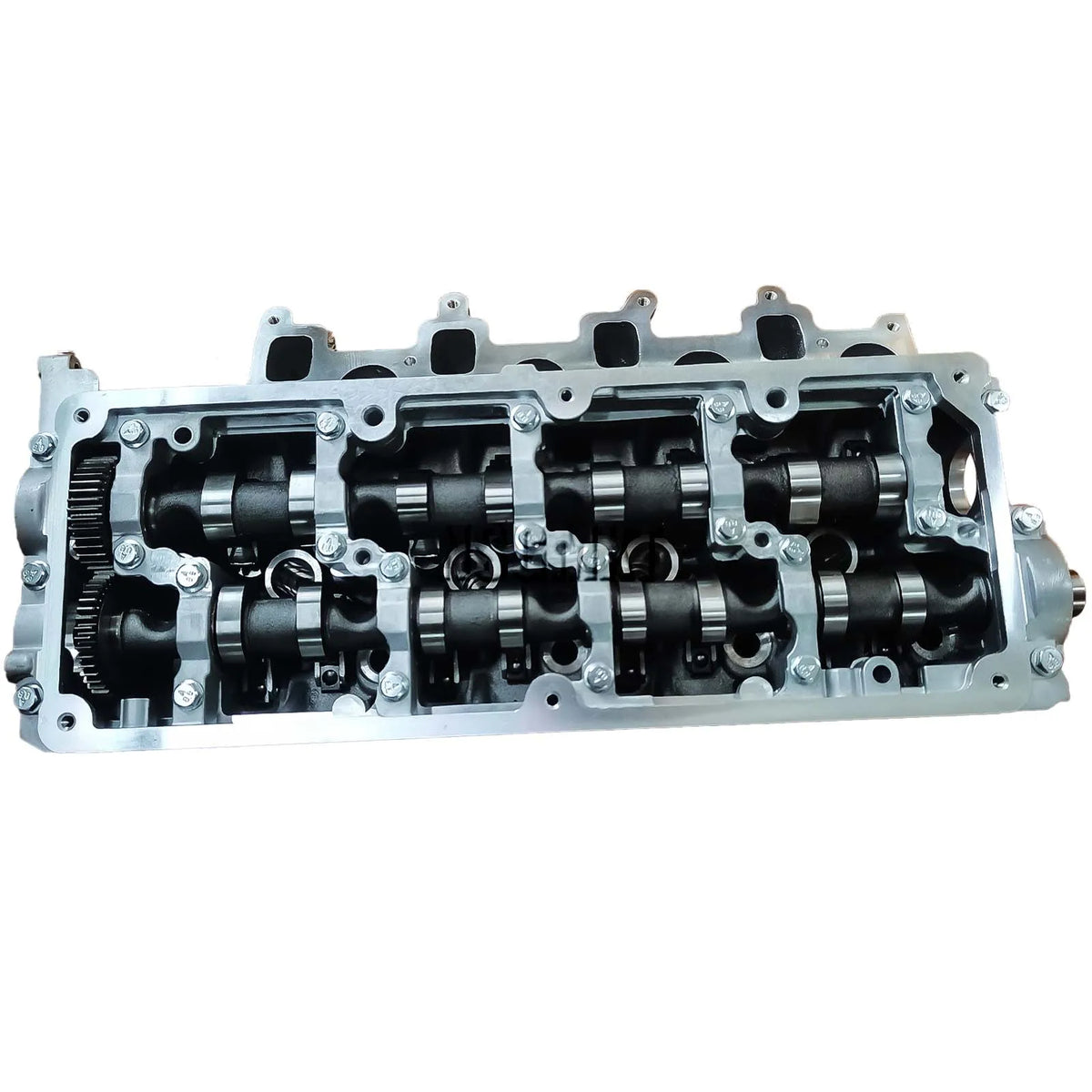 Kompletny cylinder head silnik cfca vw t5 t6 2.0 tdi srebrny metaliczny z czarnymi wałkami rozrządu i kołami zębatymi