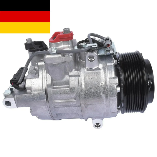Kompresor klimatyzacji do bmw x5 3.0l 2011-2018 srebrny aluminiowy z czarną żebrowaną szpulą i czerwonym plastikowym kapturkiem