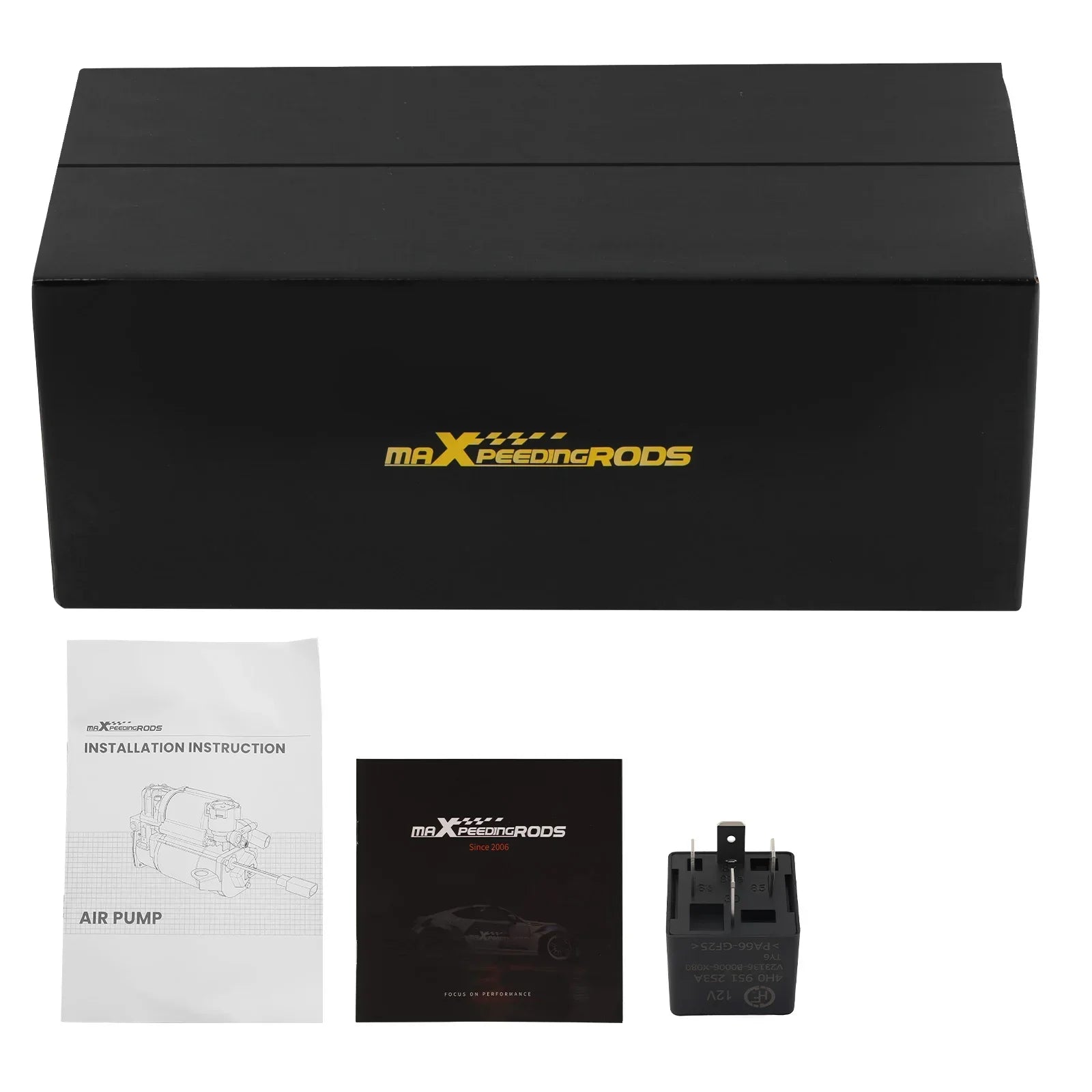 Czarna prostokątna pompa powietrza zawieszenia maxpeedingrods z logo gold do audi a8 d3 2002 2010