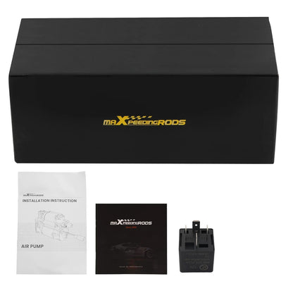 Czarna prostokątna pompa powietrza zawieszenia maxpeedingrods z logo gold do audi a8 d3 2002 2010