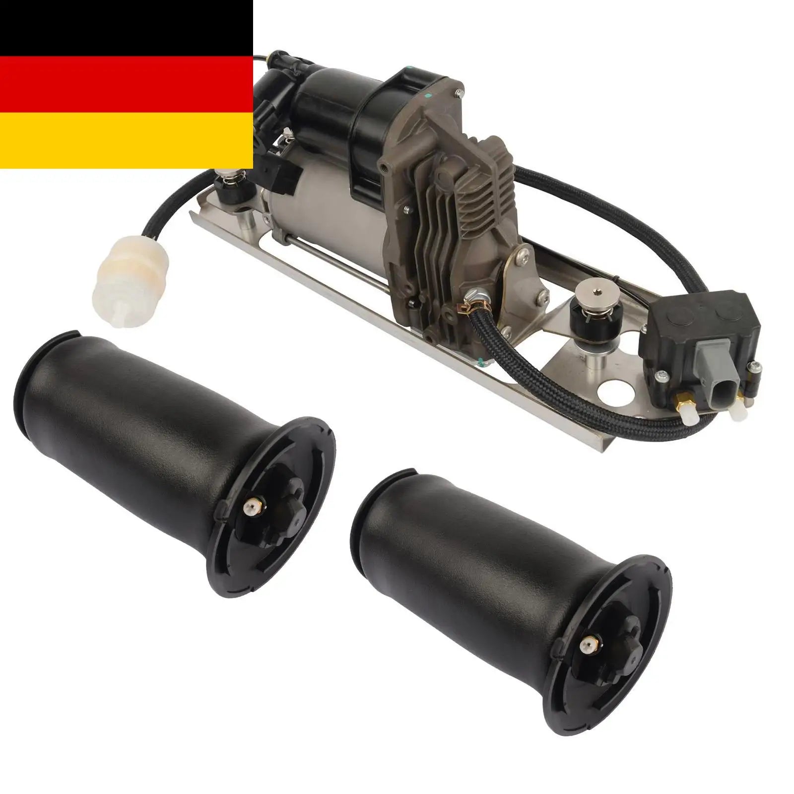 Ap03 kompresor zawieszenia powietrznego do bmw serii 5 e61 czarny i srebrny z dwoma czarnymi cylindrycznymi zbiornikami