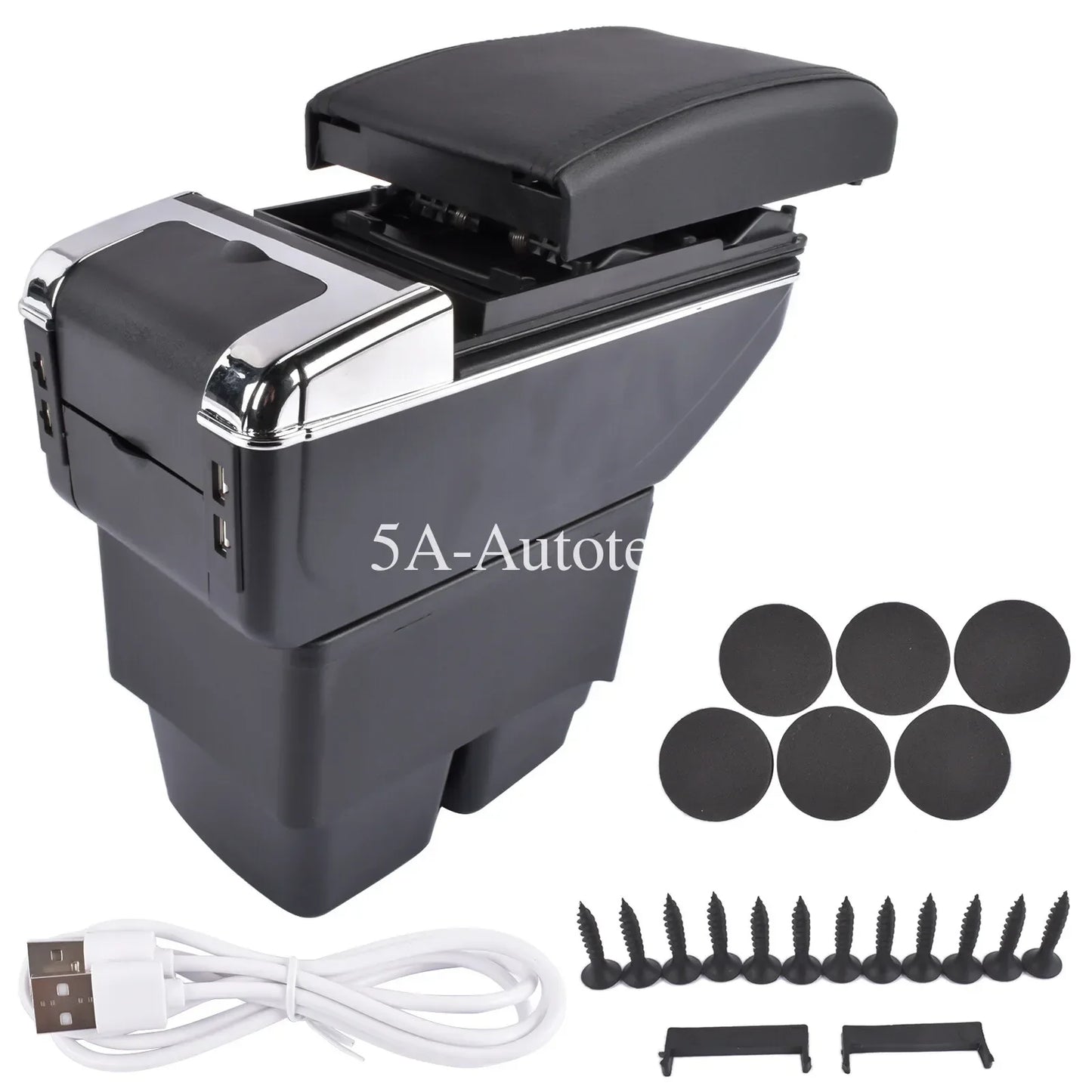Czarna konsola środkowa ap03 auto z chrome detalami i klapką do ford fiesta 2009 2017 z 7 portami usb