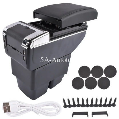 Czarna konsola środkowa ap03 auto z chrome detalami i klapką do ford fiesta 2009 2017 z 7 portami usb