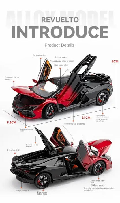 Lamborghini Revuelto 1:24 – Metalowy Model Supercar z Dźwiękiem i Światłem Zabawka dla Chłopców