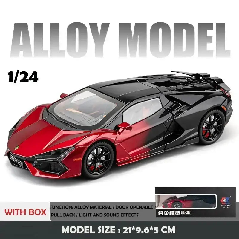 Lamborghini Revuelto 1:24 – Metalowy Model Supercar z Dźwiękiem i Światłem Zabawka dla Chłopców - Czerwony z pudełkiem