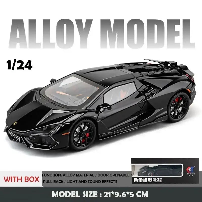 Lamborghini Revuelto 1:24 – Metalowy Model Supercar z Dźwiękiem i Światłem Zabawka dla Chłopców - Czarny z pudełkiem