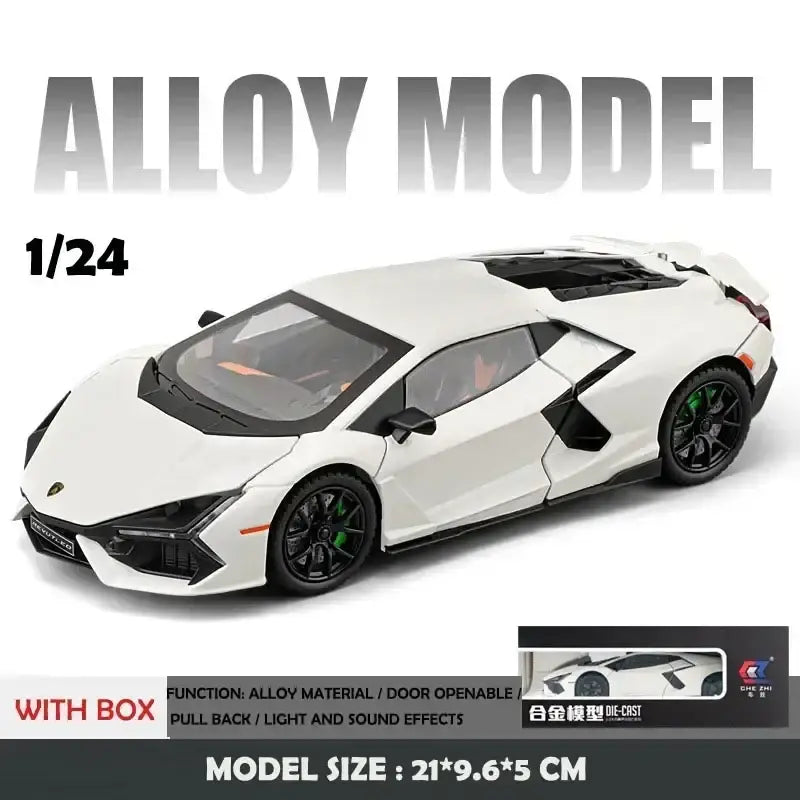 Lamborghini Revuelto 1:24 – Metalowy Model Supercar z Dźwiękiem i Światłem Zabawka dla Chłopców - Biały z pudełkiem