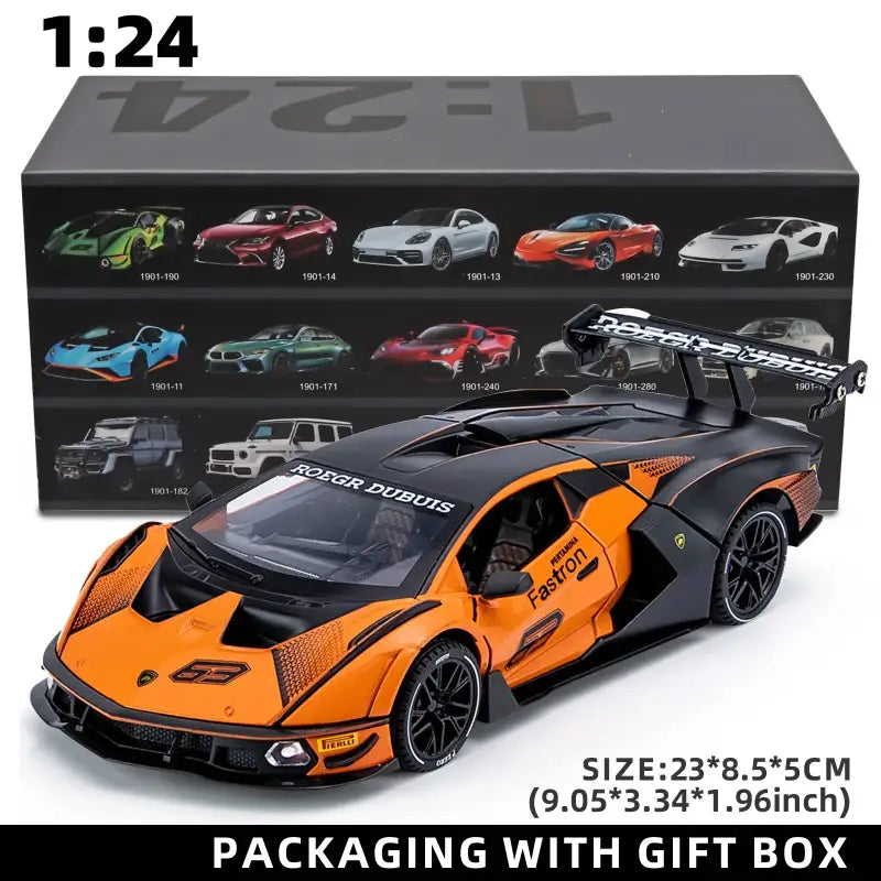 Lamborghini SCV12 1:24 – Metalowy Model Z Efektami Dźwiękowymi i Świetlnymi - Pomarańczowy z pudełkiem