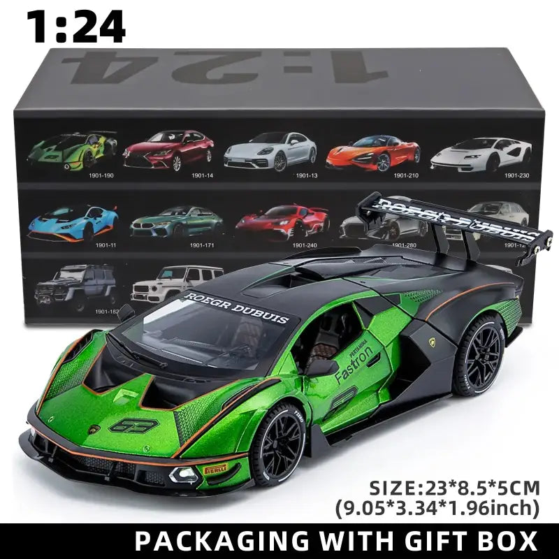 Lamborghini SCV12 1:24 – Metalowy Model Z Efektami Dźwiękowymi i Świetlnymi - Zielony z pudełkiem