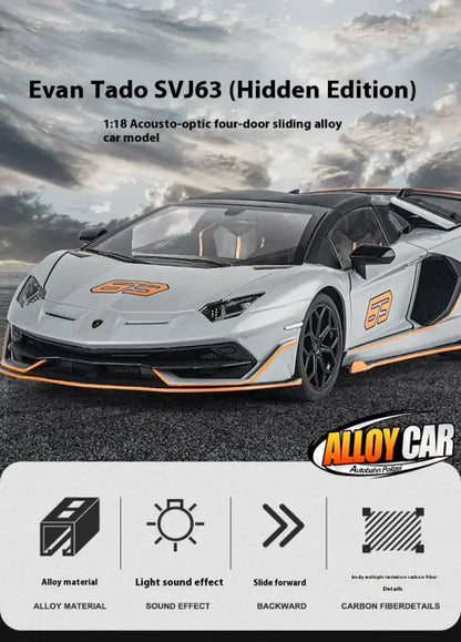 Lamborghini SVJ63 1:18 Metalowy Model z Dźwiękiem i Światłem - Szary z pudełkiem