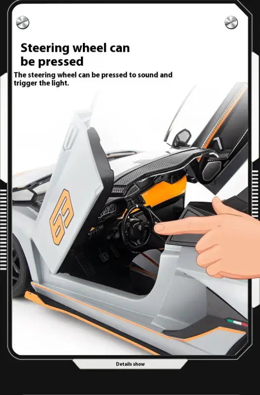 Lamborghini SVJ63 1:18 Metalowy Model z Dźwiękiem i Światłem - Szary z pudełkiem