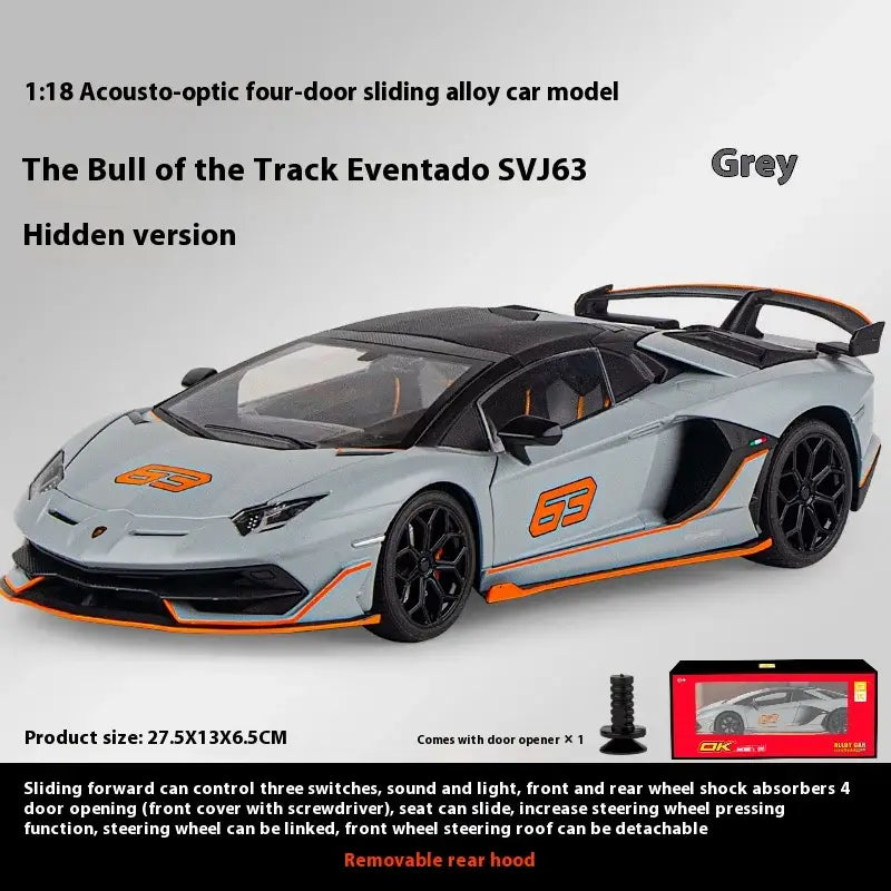 Lamborghini SVJ63 1:18 Metalowy Model z Dźwiękiem i Światłem - Szary z pudełkiem