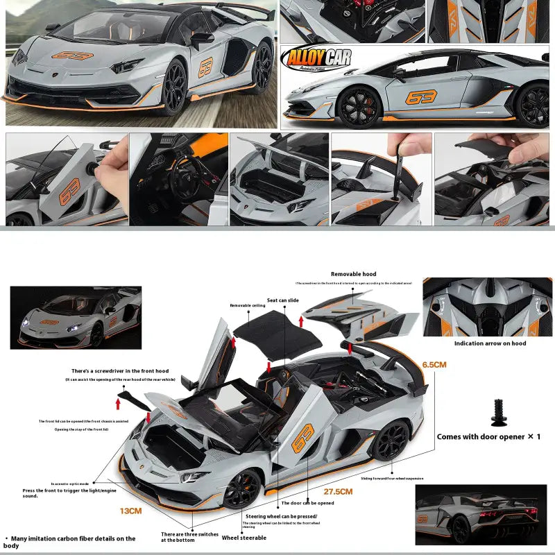 Lamborghini SVJ63 1:18 Metalowy Model z Dźwiękiem i Światłem - Szary z pudełkiem