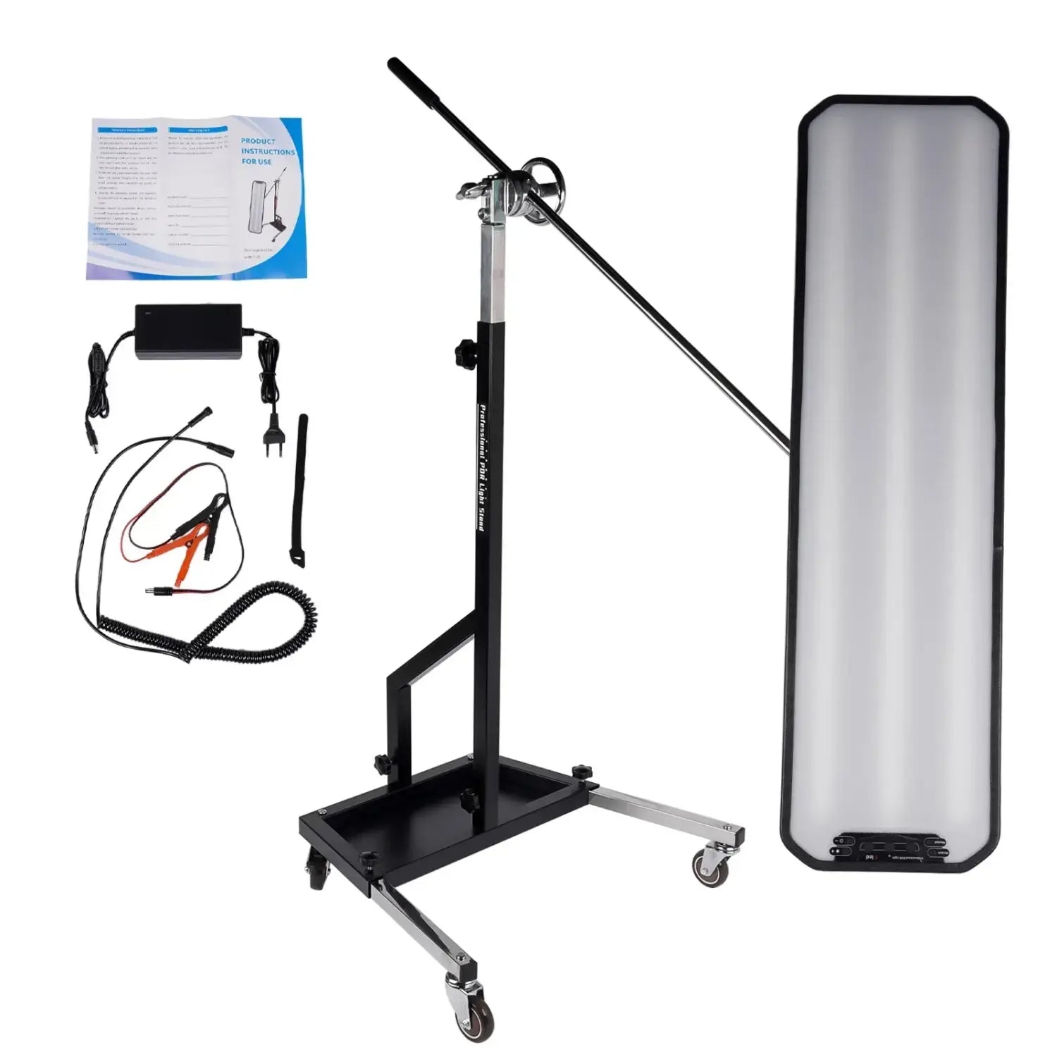 Czarno-srebrny regulowany stojak na kółkach z ap03 lampa pdr led 12v i wysokim panelu led 95x26 cm