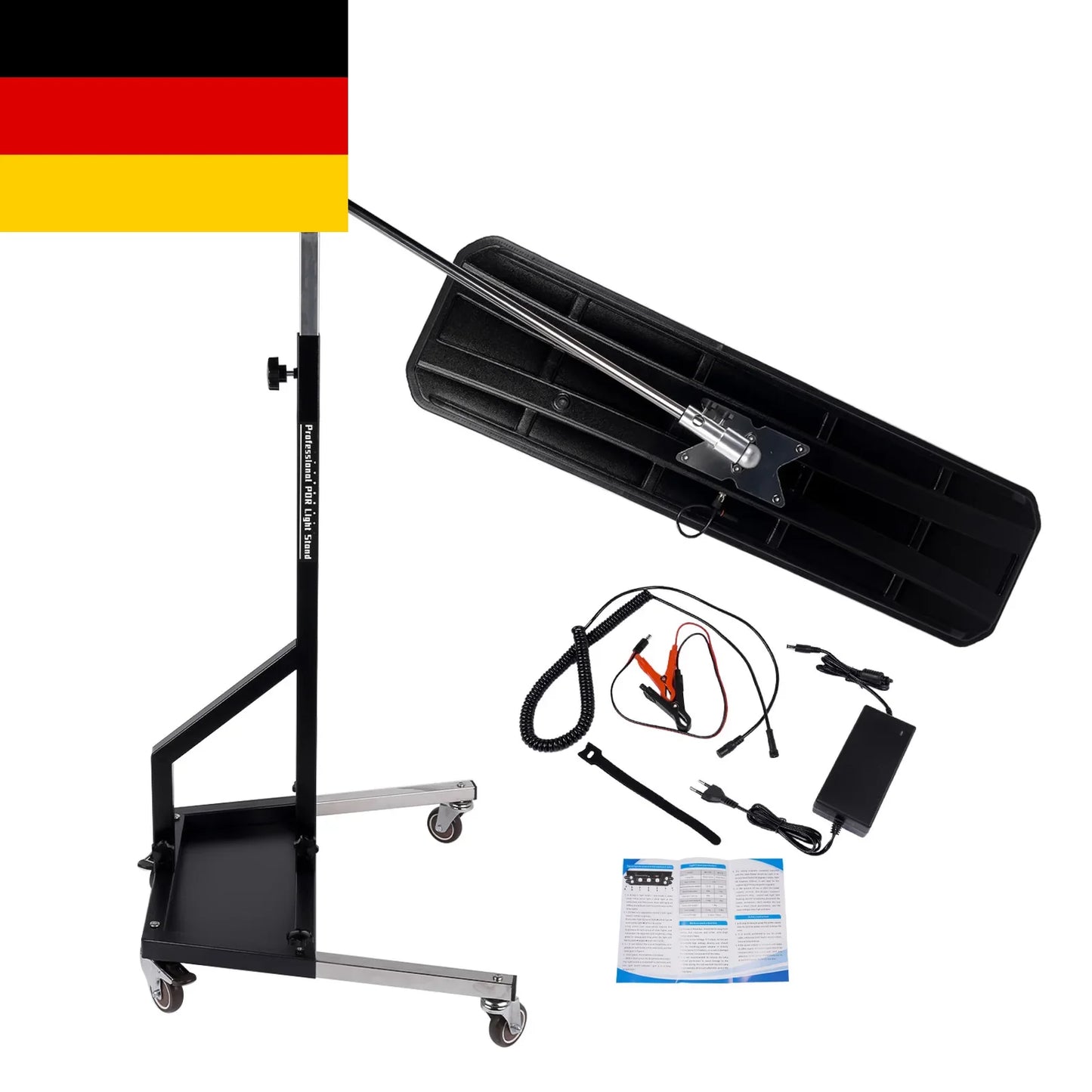 Czarna metalowa stojąca podstawa do ładowarki akumulatorów z regulowaną wysokością i kółkami ap03 lampa pdr led 12v