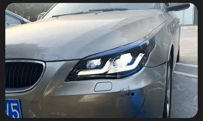 Lampy przednie do BMW E60 2003-2009 523i 530i - Reflektory LED z oczami anioła, światłami do jazdy dziennej (DRL), HID Bi-Xenon - Multigenus