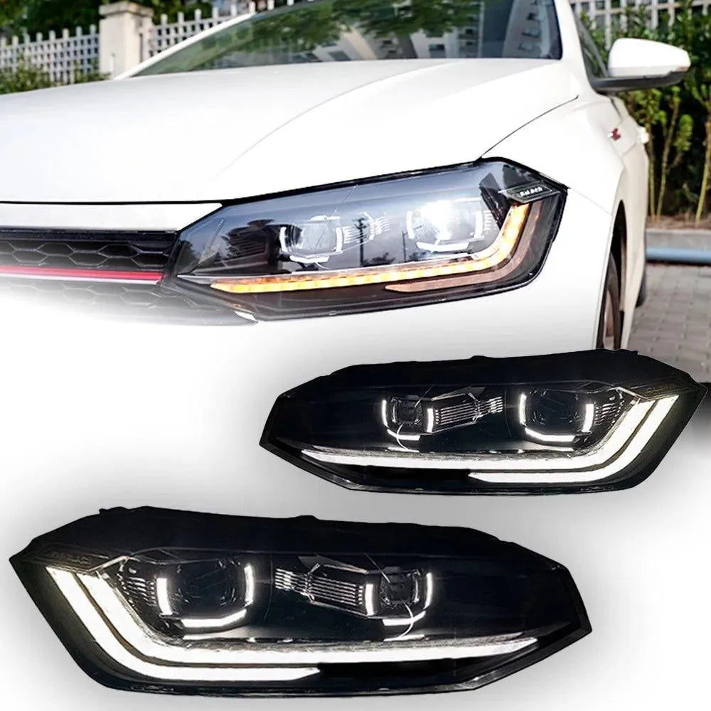 Lampy samochodowe do Volkswagen VW Polo (2017-2021) - z reflektorami LED, soczewką projekcyjną, dzienne DRL i dynamicznym sygnałem - Multigenus