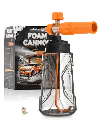 Lanca pianowa foam cannon 1l with orange handle and transparent tank for car washing with pressure washers 100-150 bar