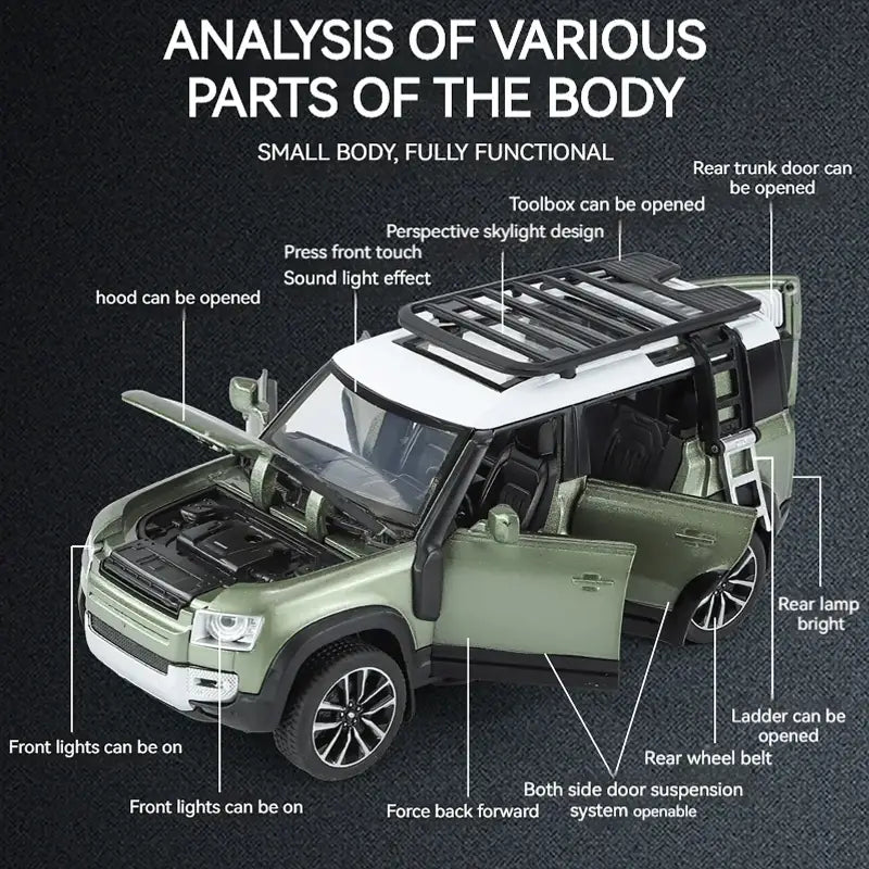 Land Rover Defender 110 1/32 Metalowy Model z Efektami Dźwiękowymi i Świetlnymi