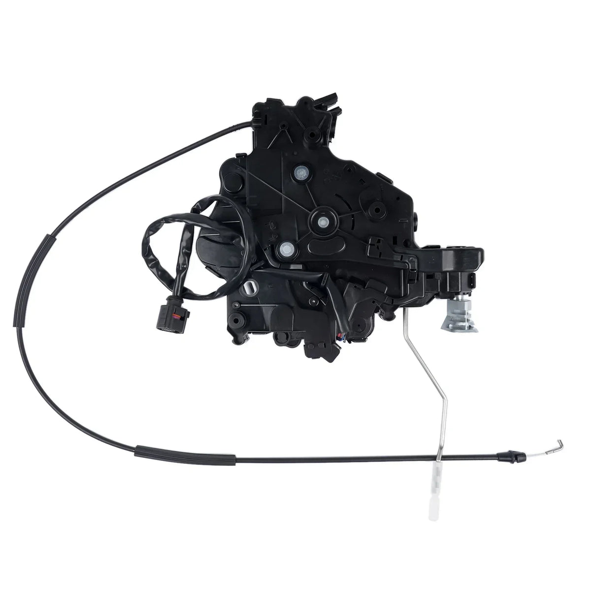 Czarny plastikowy zamek do drzwi przesuwnych lewy z metalowym ramieniem i przewodami vw transporter t5