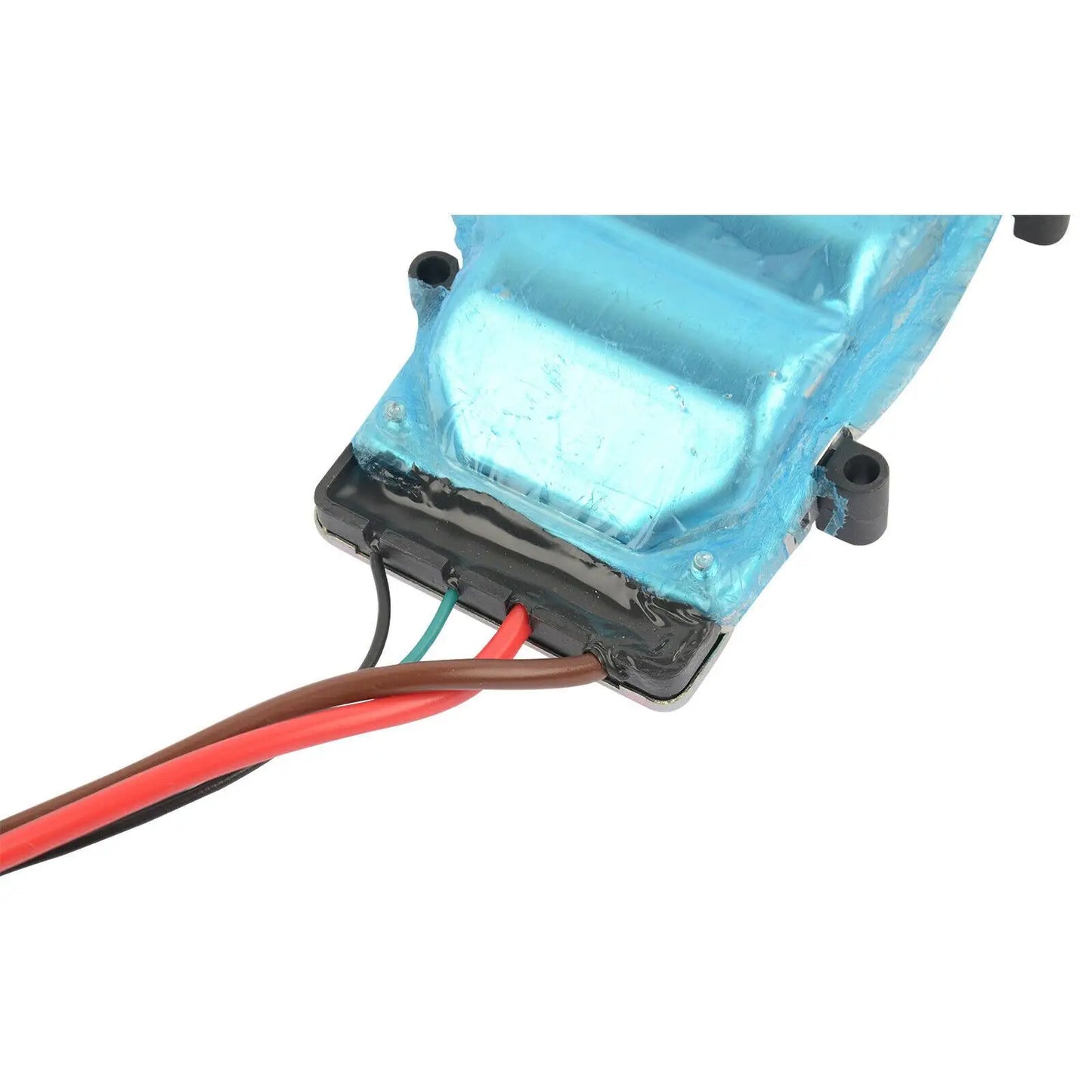 Niebieska przezroczysta plastikowa pompa wody z czarną podstawą i kolorowym okablowaniem do modułu sterowania wentylatorem audi a6 part number 4f0121003k