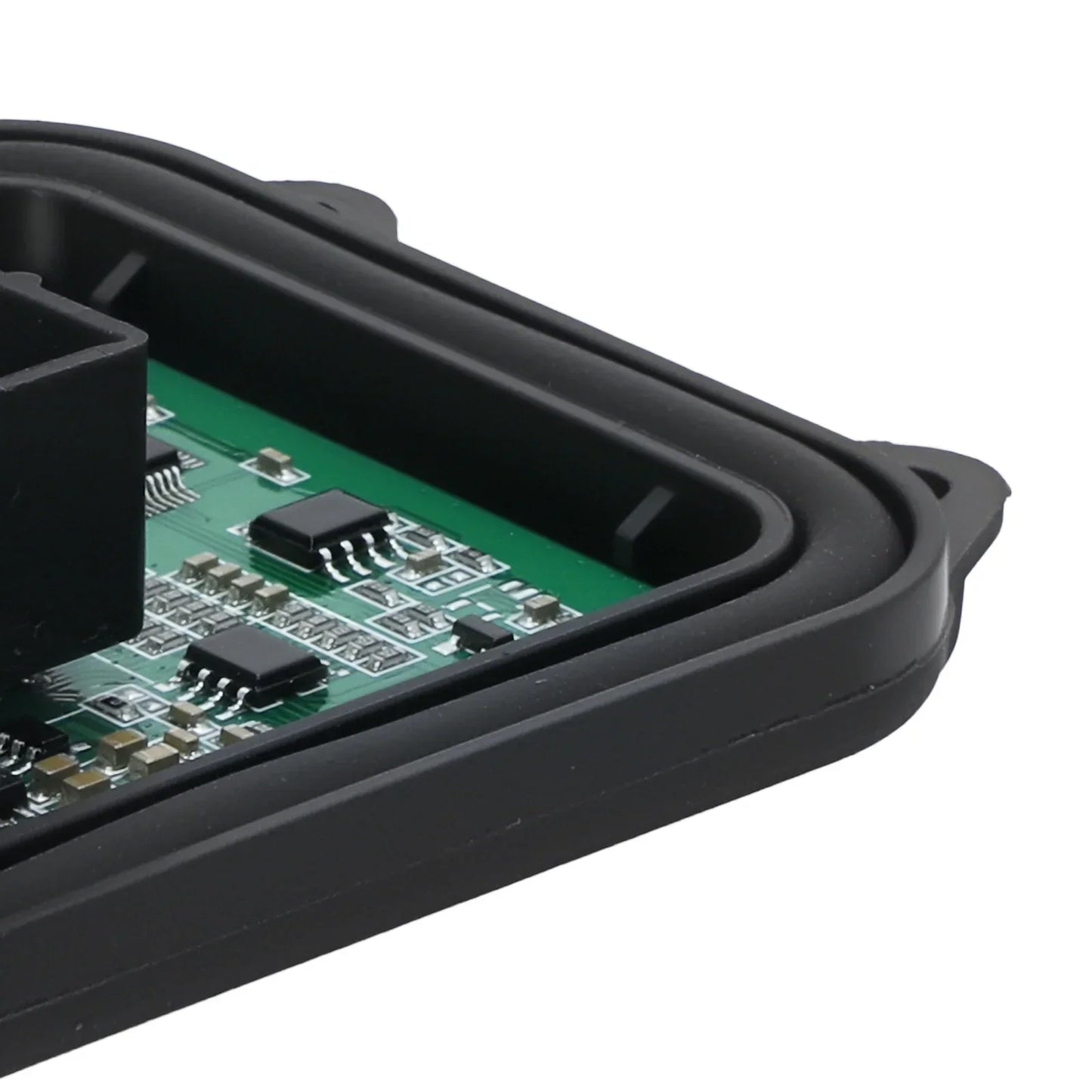 Czarne plastikowe obudowa modułu sterowania reflektora xenon bmw 328i coupe e92 z zieloną płytką elektroniczną