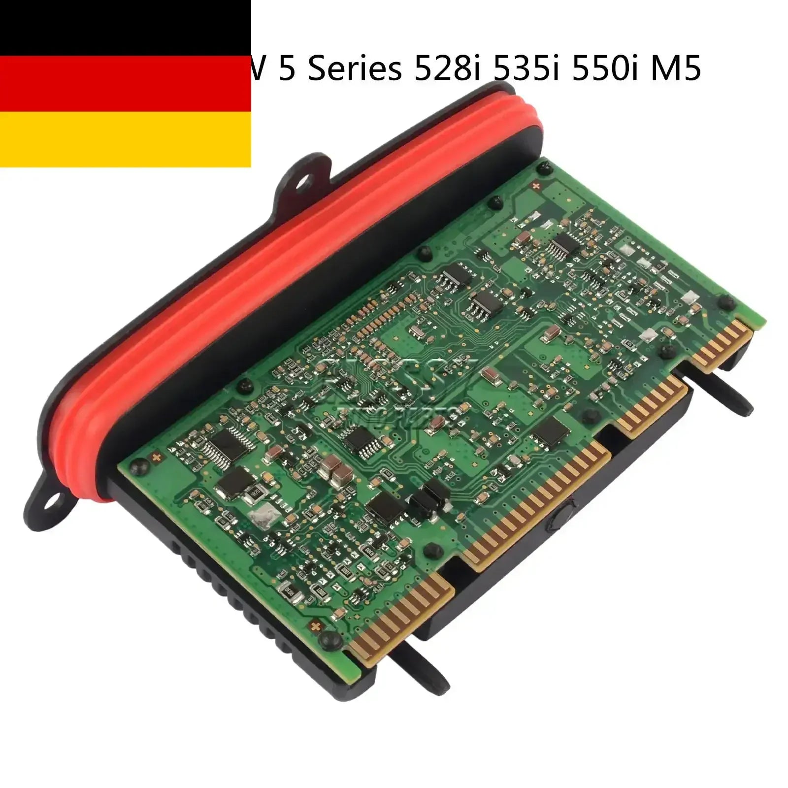 Red and black plastic housing encasing green circuit board with gold contacts moduł sterownika reflektora tms 63117440877 for bmw 535i 550i