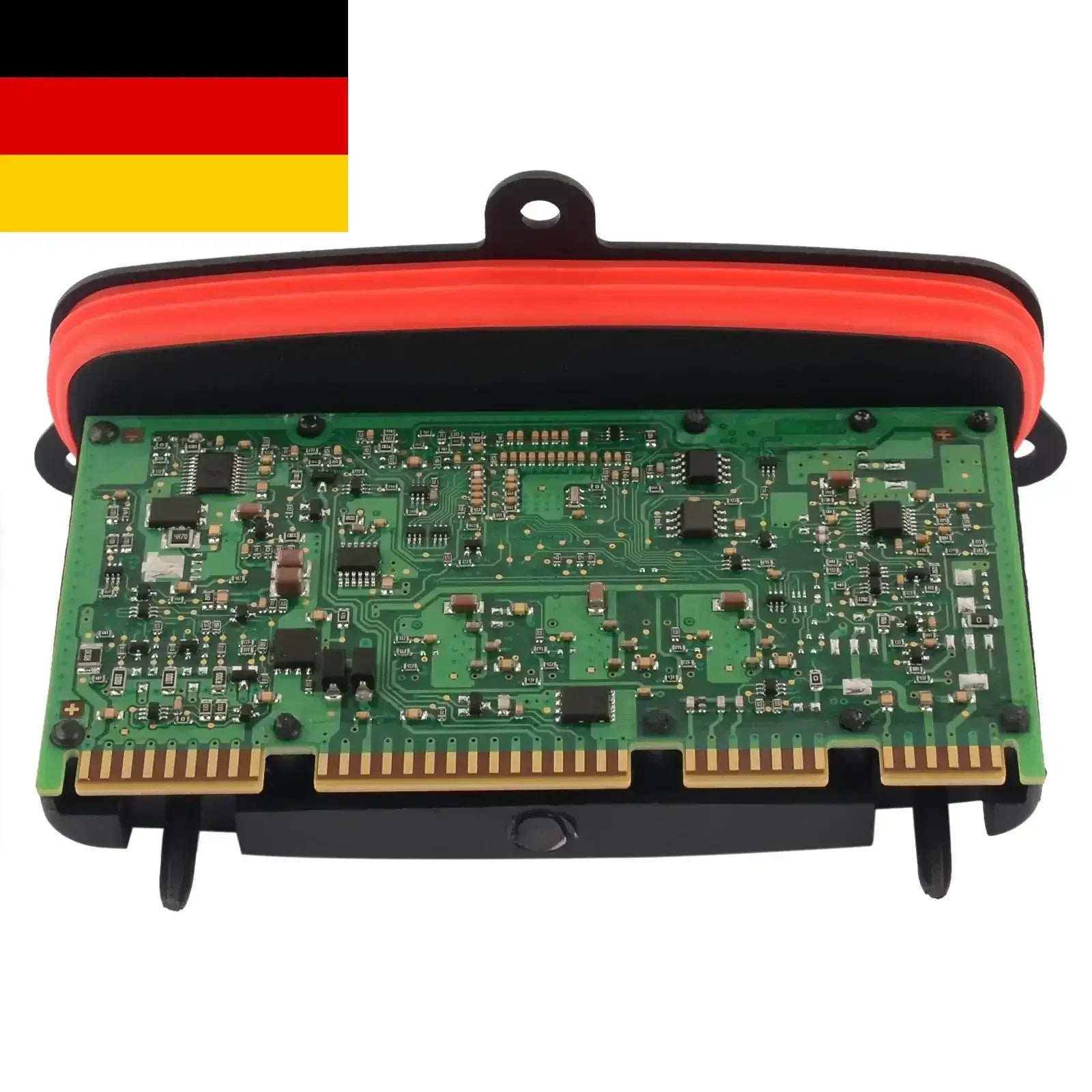 Zielona płytka drukowana modułu sterownika reflektora XENUS z czarno-czerwonym etui i złotymi złączami do bmw 535i 550i part number 63117440877