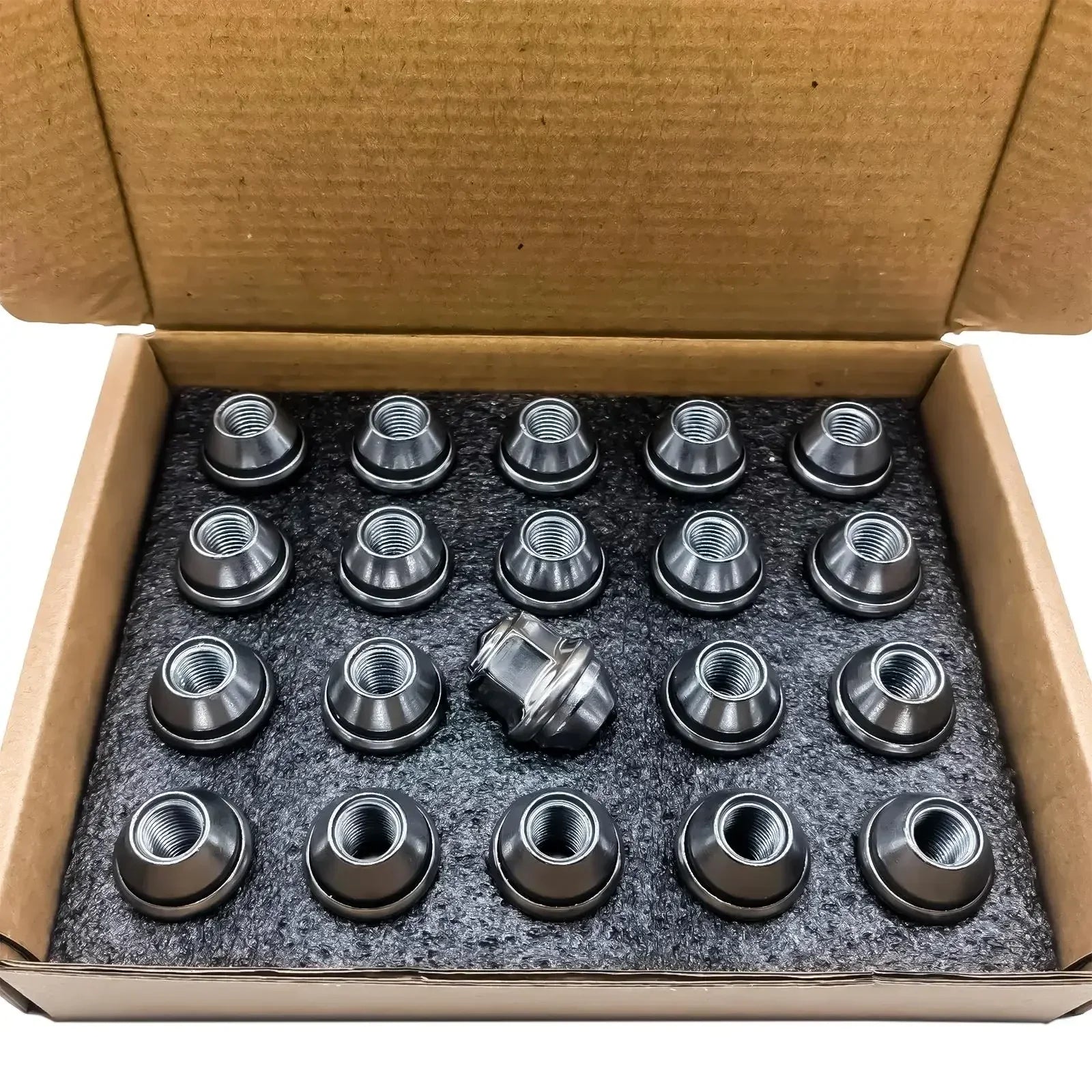 Zestaw szesnastu czarnych chromowanych nakrętek kół m12x1,5 stalowych 19mm do ford focus mondeo w kartonie