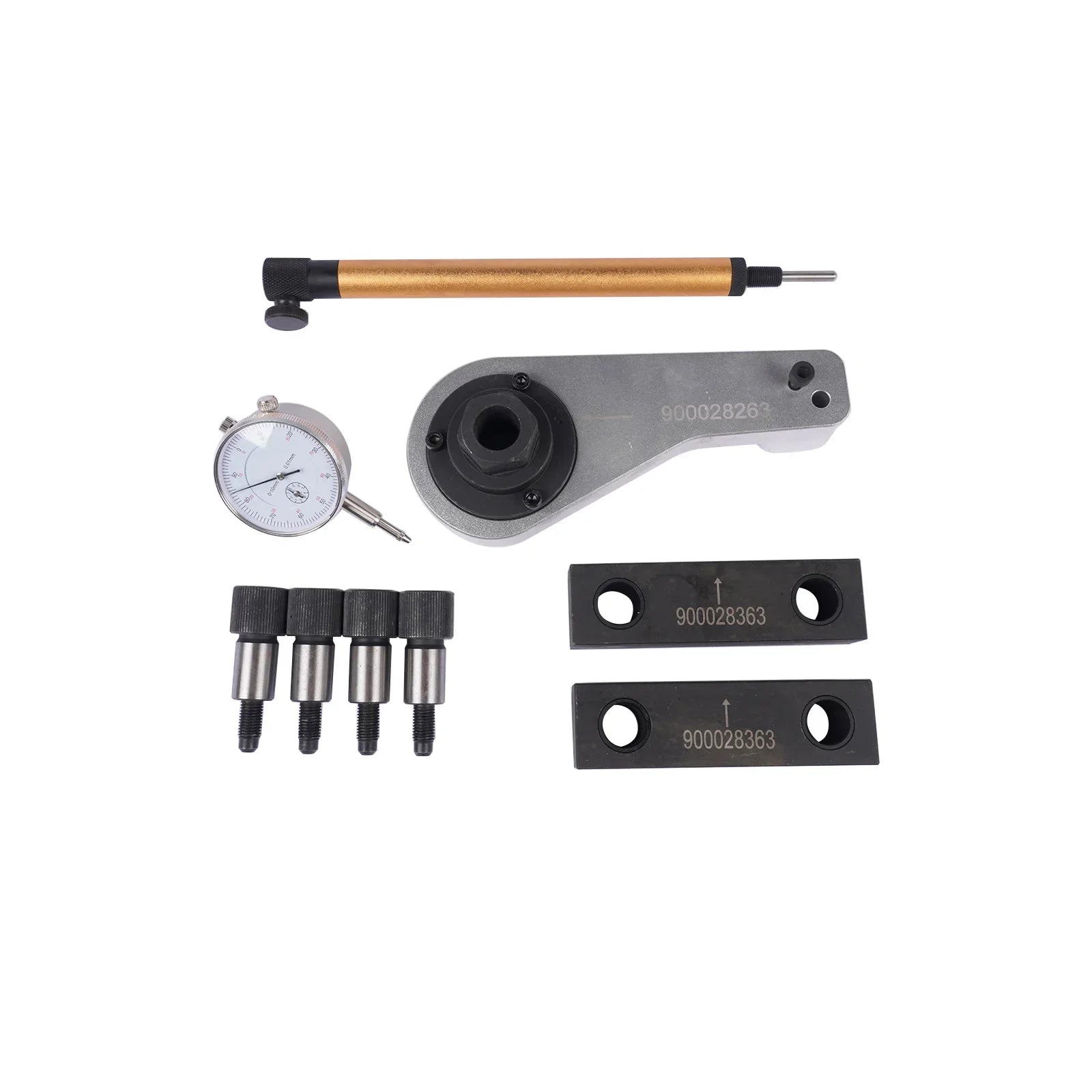 Gold and black precision dial indicator with brass measuring rod and metal adapters for maserati ghibli m156b m156c locking tool