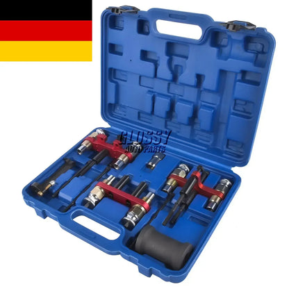 Niebieskie plastikowe etui z zestawem metalowych narzędzi do wyjmowania wtryskiwaczy paliwa do bmw n20 n63